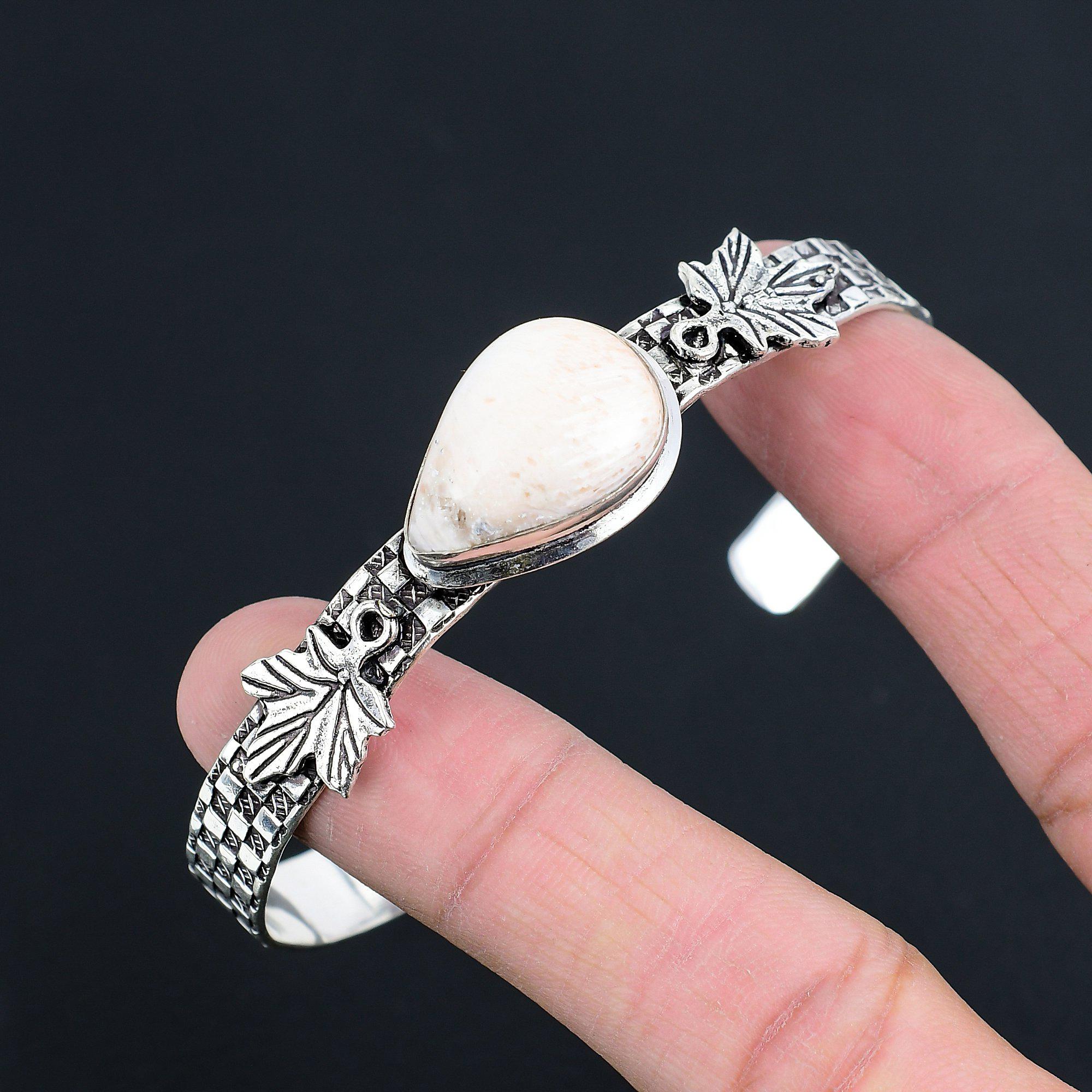 Natürlicher Skolezit Edelstein 925 Sterlingsilber Armreif Blatt Verstellbar für Mädchen