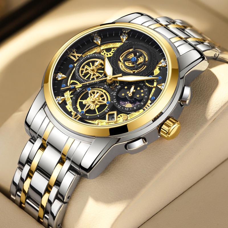 ABORNI New Casual Sport Chronograph Men's Watches Stainless Steel Band Wristwatch Luminous Pointers Fashion Quartz Clock