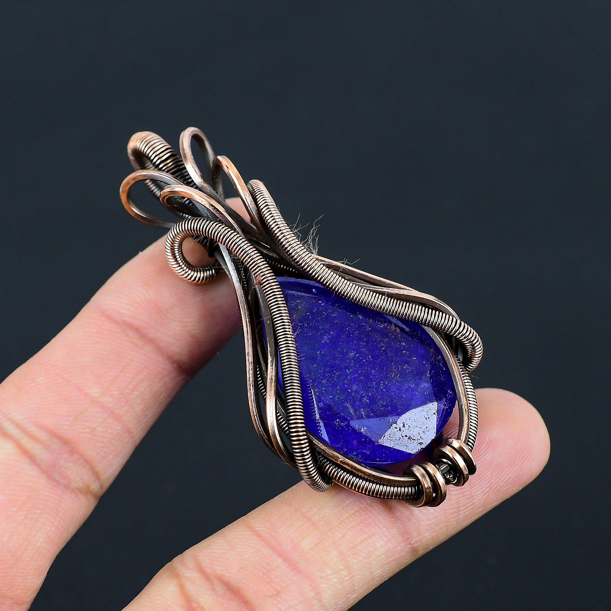 Blue Sapphire Lab-Created Gemstone Handmade Pure Copper Wire Wrap Jewelry Pendant For Love