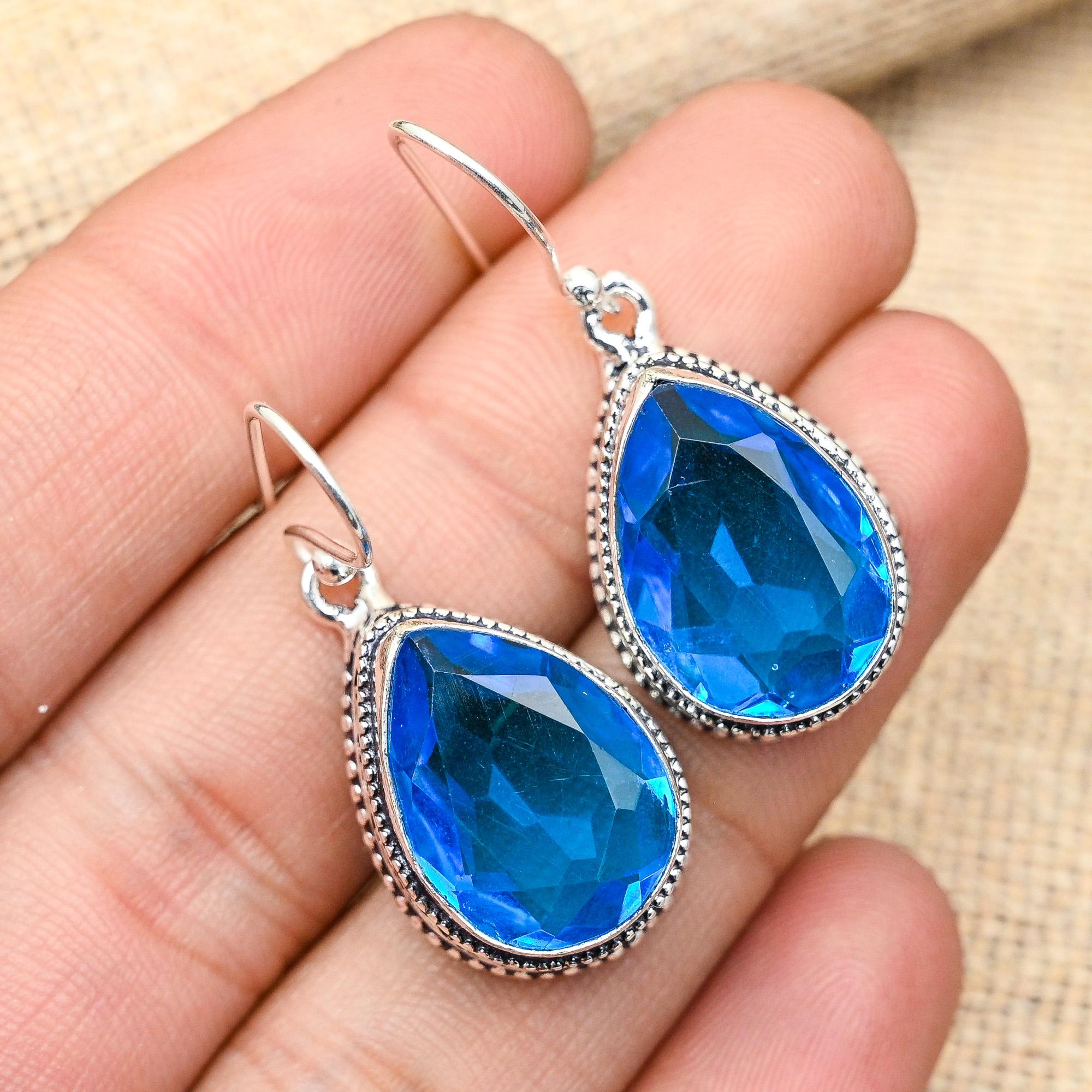 Attractive Blue Topaz Gemstone Handmade 925 Solid Sterling Silver Jewelry Earrings For Women