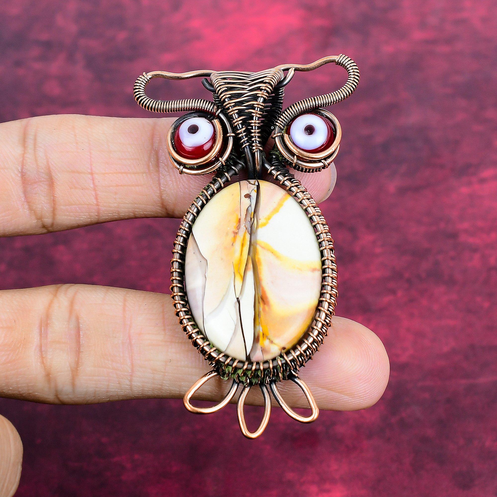 Breccie Mookaïet Edelsteen Hanger Rode Kleur Boze Oog Sieraden Koperdraad Gewikkeld Uil Hanger