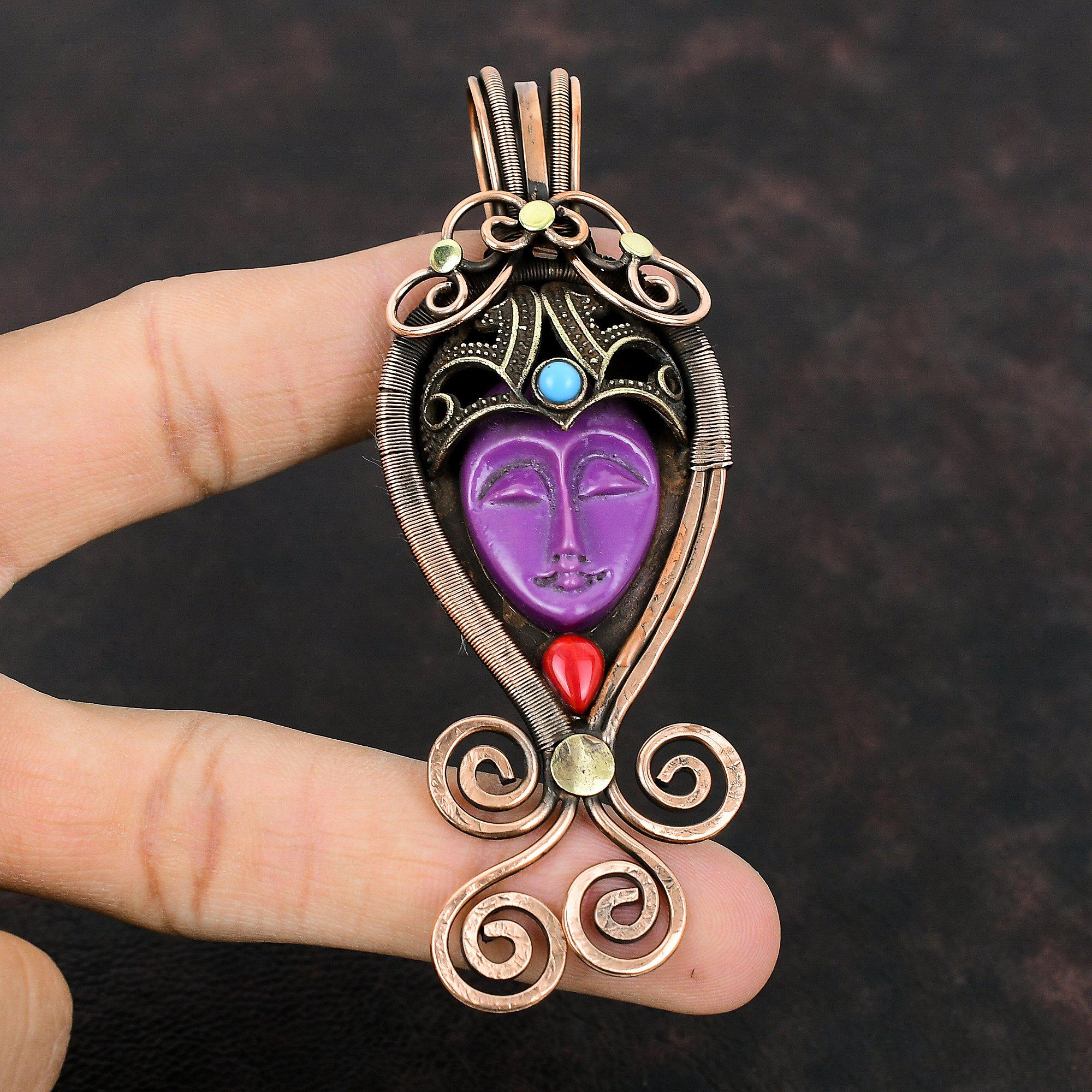 Purple Carved Bone Face Gemstone Pendant Copper Wire Wrapped Pendant Coral & Turquoise Pendant Copper Wire Wrapped Jewelry Handmade Pendants