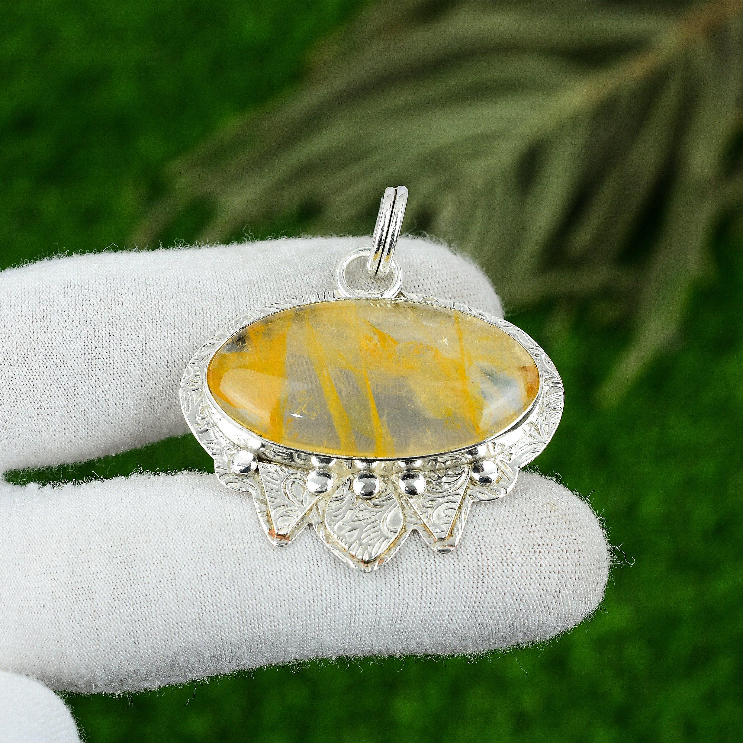 Natural Golden Rutile Gemstone Pendant 925 Sterling Silver Jewelry For Girls