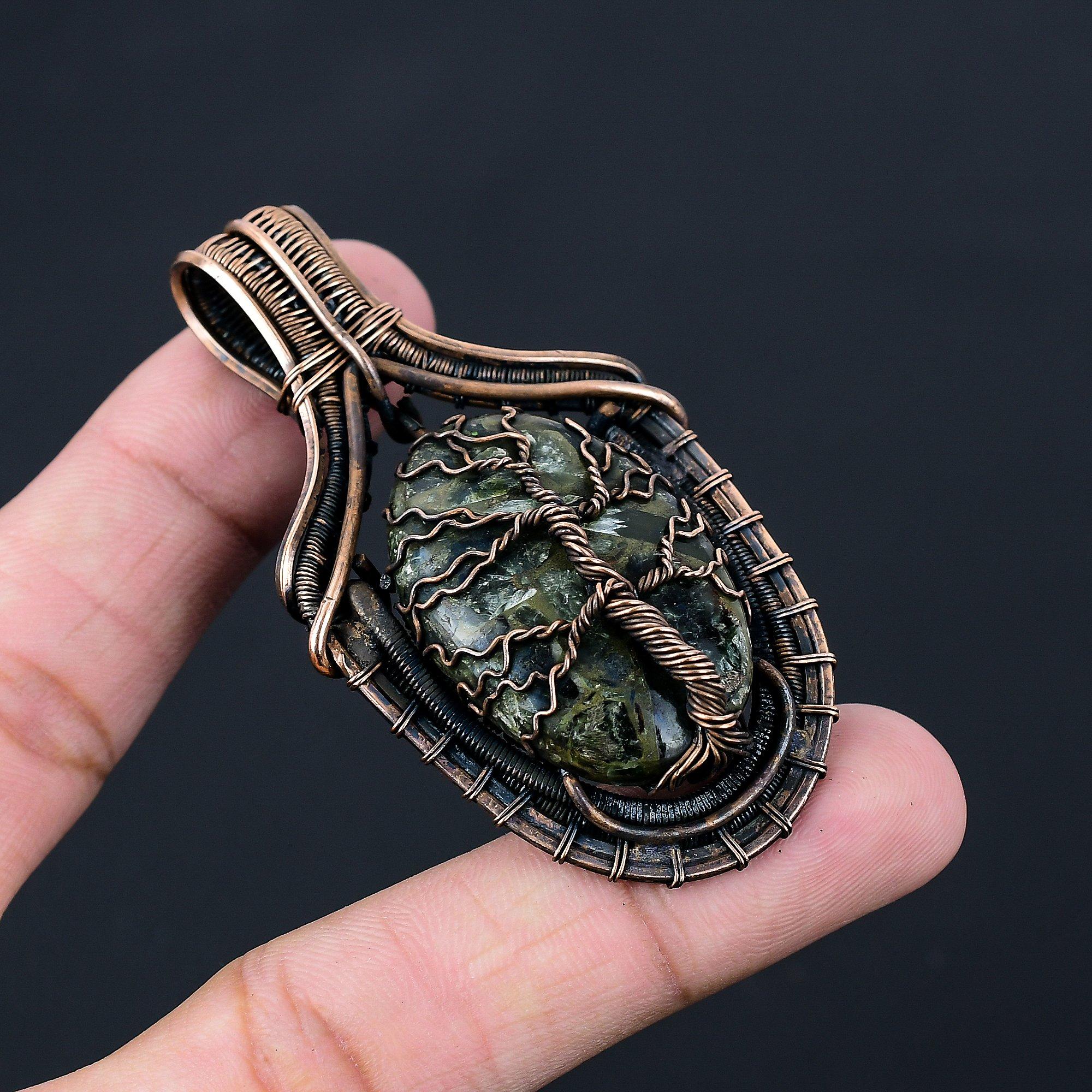 Tree Of Life Copper Seraphinite Gemstone Pure Copper Wire Wrapped Handmade Pendant Jewelry For Her