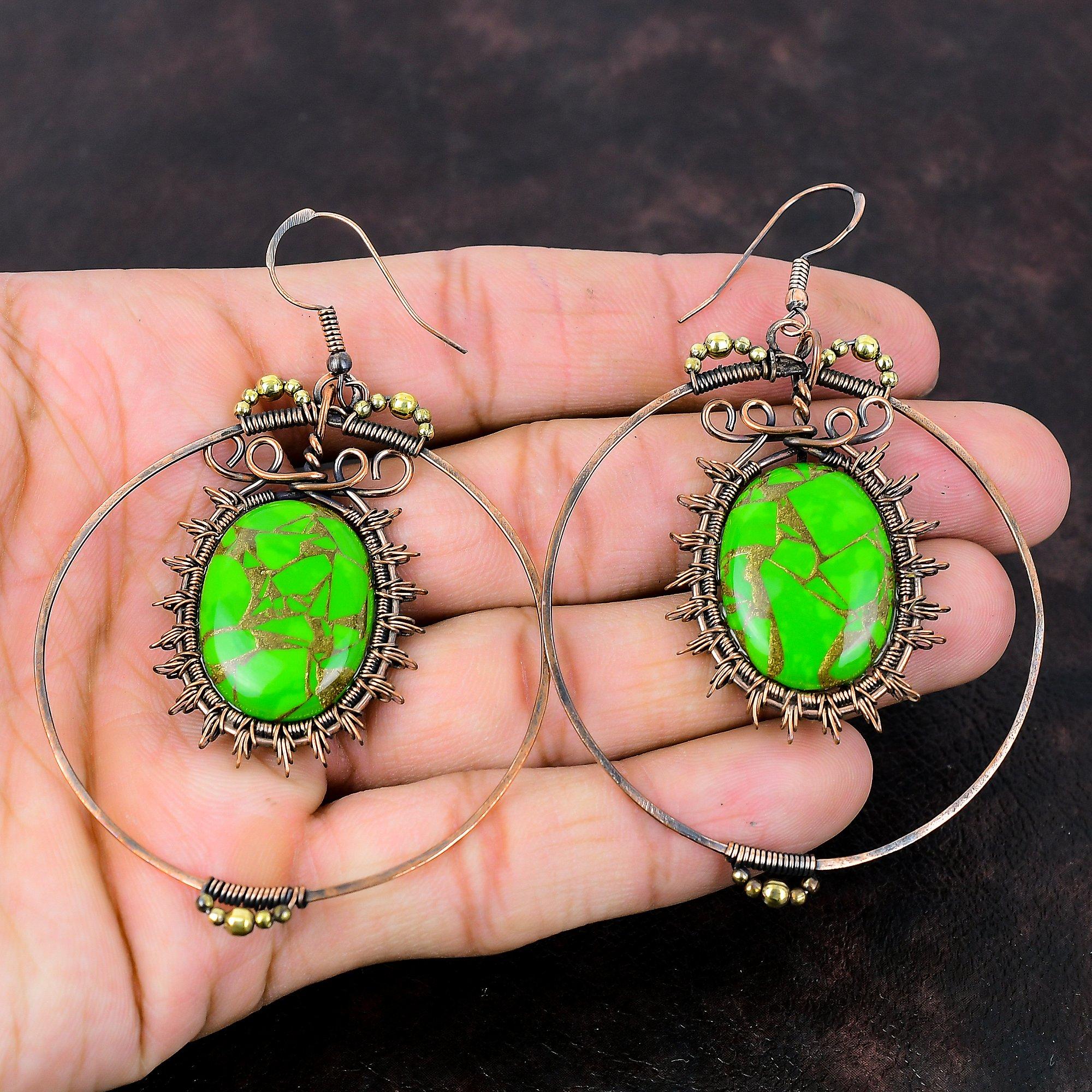 Cercei Turcoaz Verde Cupru Bijuterii Înfășurate în Sârmă de Cupru Piatră Prețioasă Cercei Handmade Piatră Natală Bijuterii Cadou Aniversare Cercei Sârmă de Cupru
