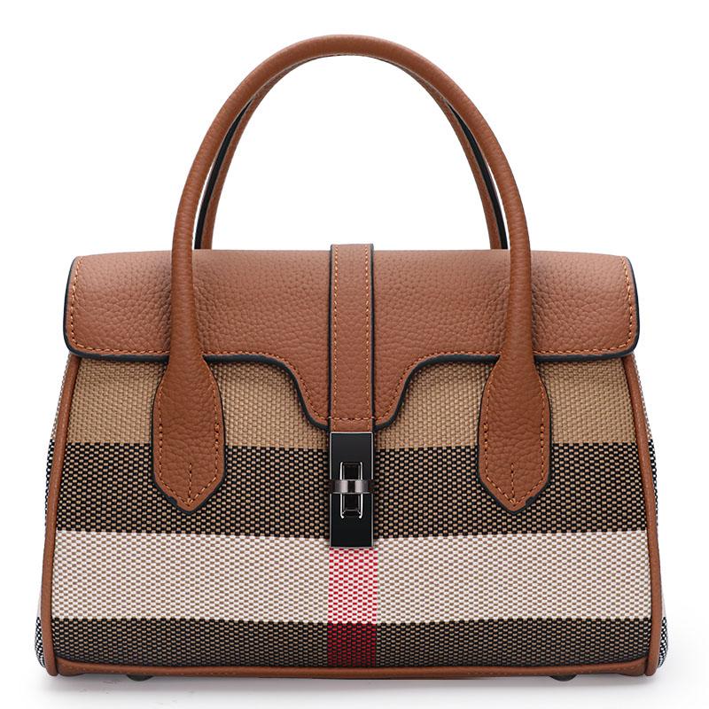 Aidrani Classic plaid women's bag, large capacity handbag, canvas patchwork cowhide shoulder bag