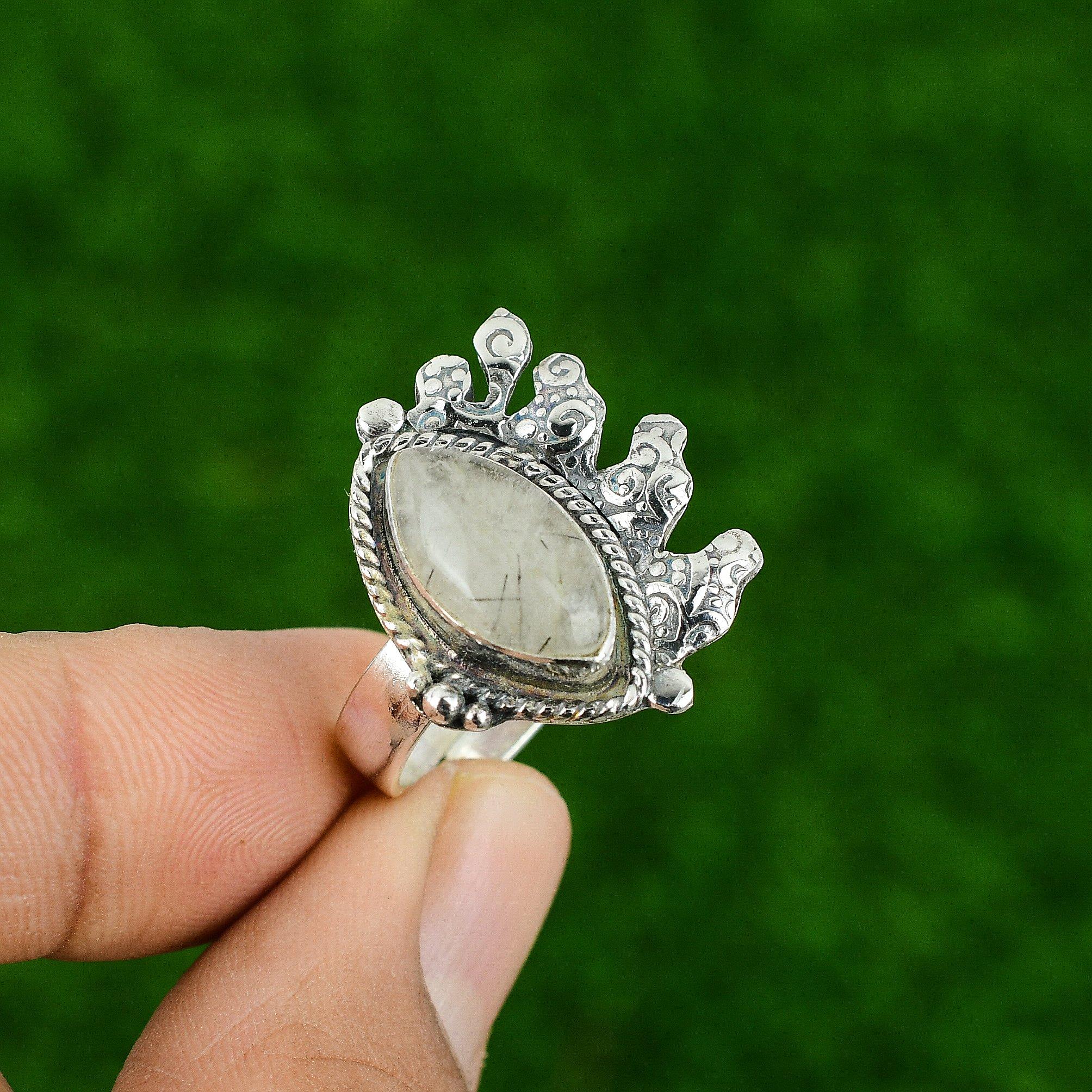 Wedding Gift For Her 925 Silver Natural Black Rutile Stackable Adjustable Ring