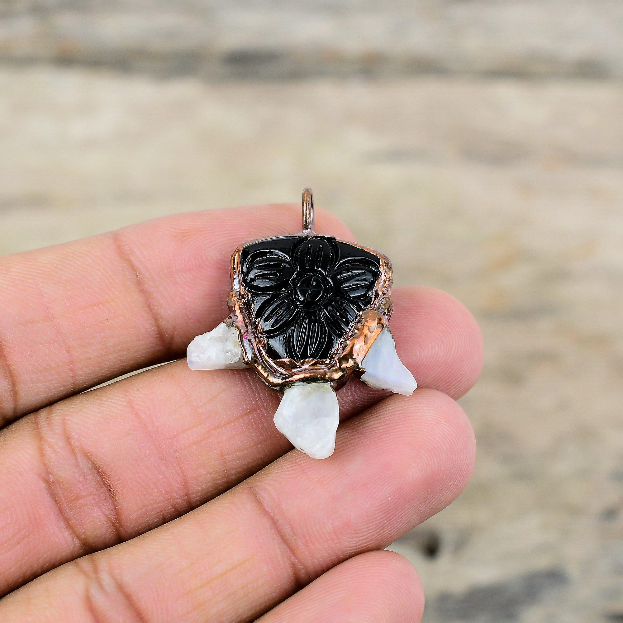 Carved Black Onyx With Rainbow Moonstone Rough Pendant Electroformed Copper Pendant Gemstone Electroformed Jewelry Handmade Pendant For Gift