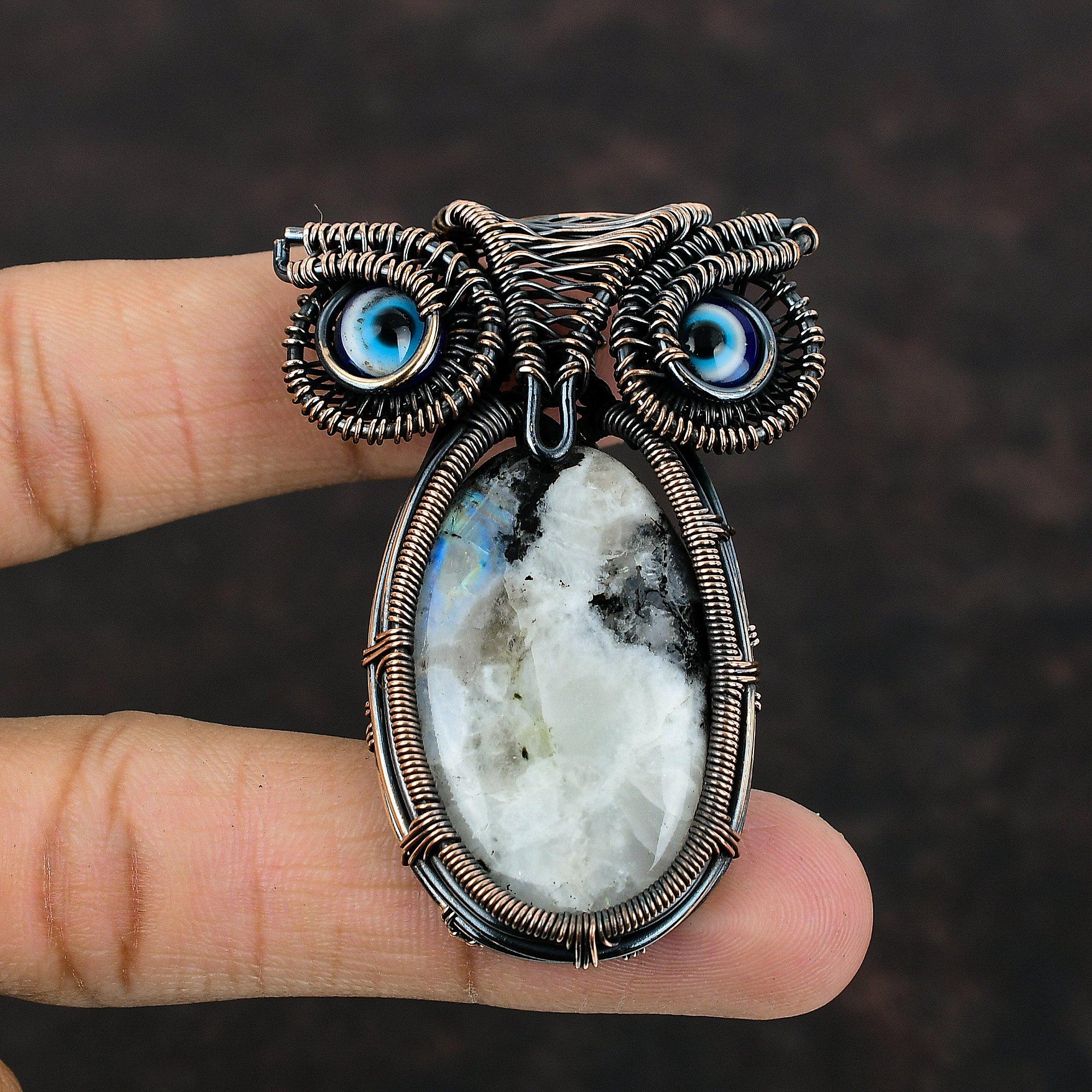 Regenbogenmondstein Anhänger Kupferdraht umwickelter Anhänger Handgefertigter Schmuck Blaue Farbe Böser Blick Anhänger Eulenanhänger Edelstein Kupferschmuck Geschenk