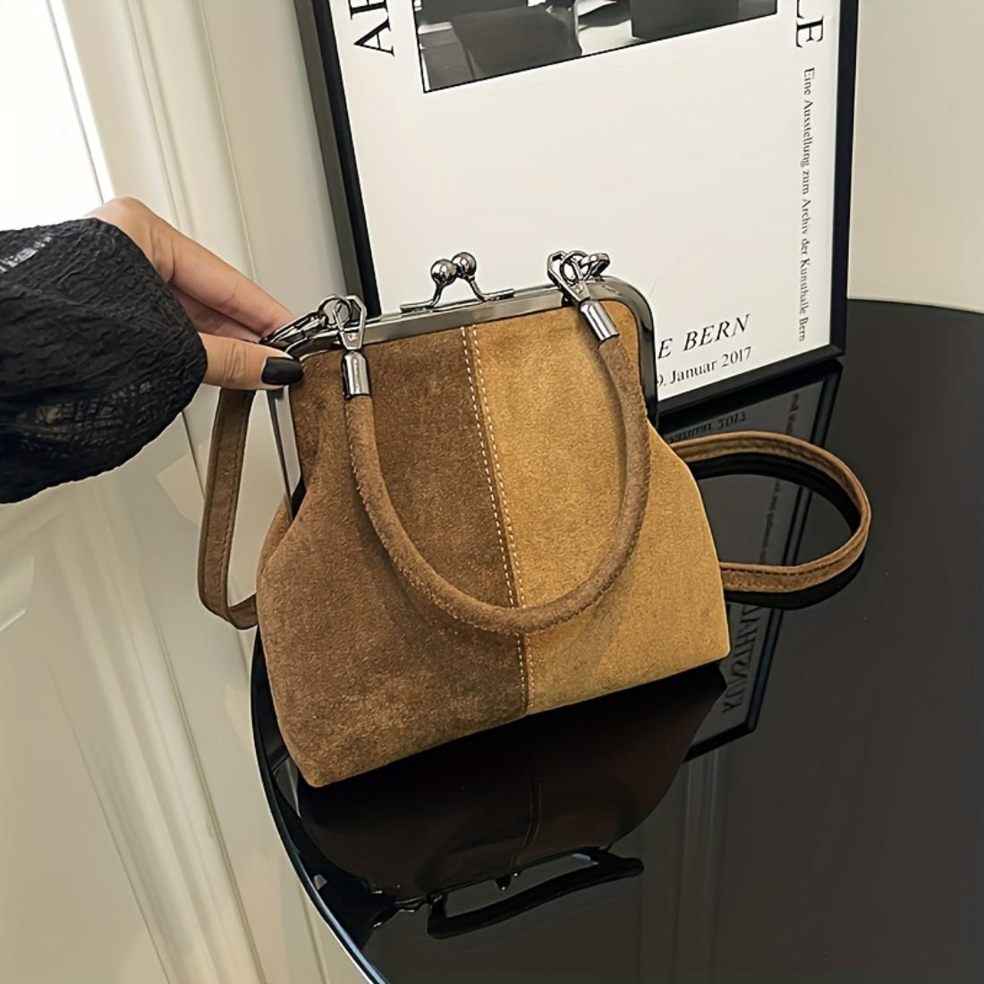 Vintage Color Block Faux Leather Crossbody Handbag,Kiss Lock Purse With Adjustable Strap,Polyester Lining Lightweight City Bag For Daily Use Gifts