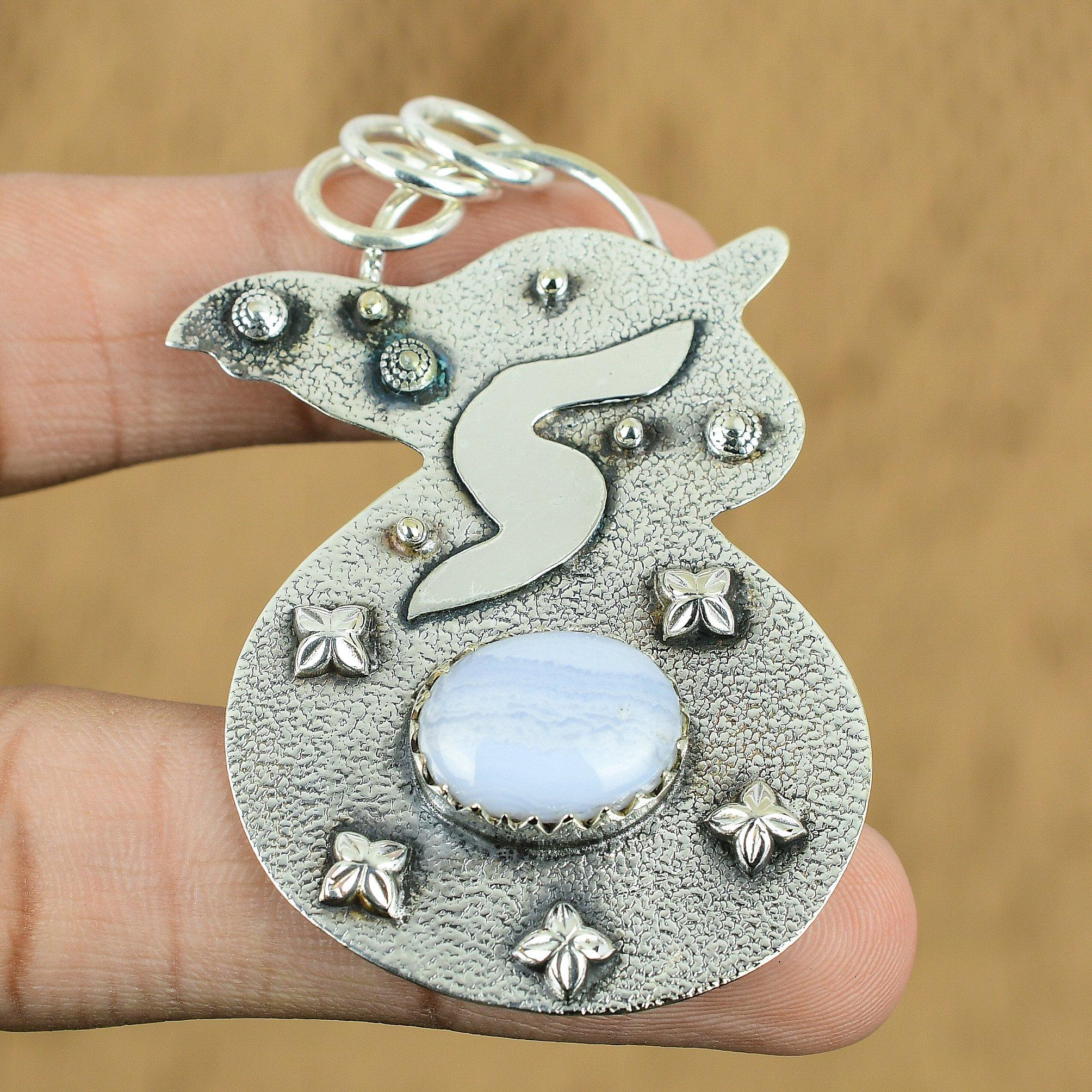 Birthday Gift For Her Natural Blue Lace Agate Gemstone Pendant 925 Silver