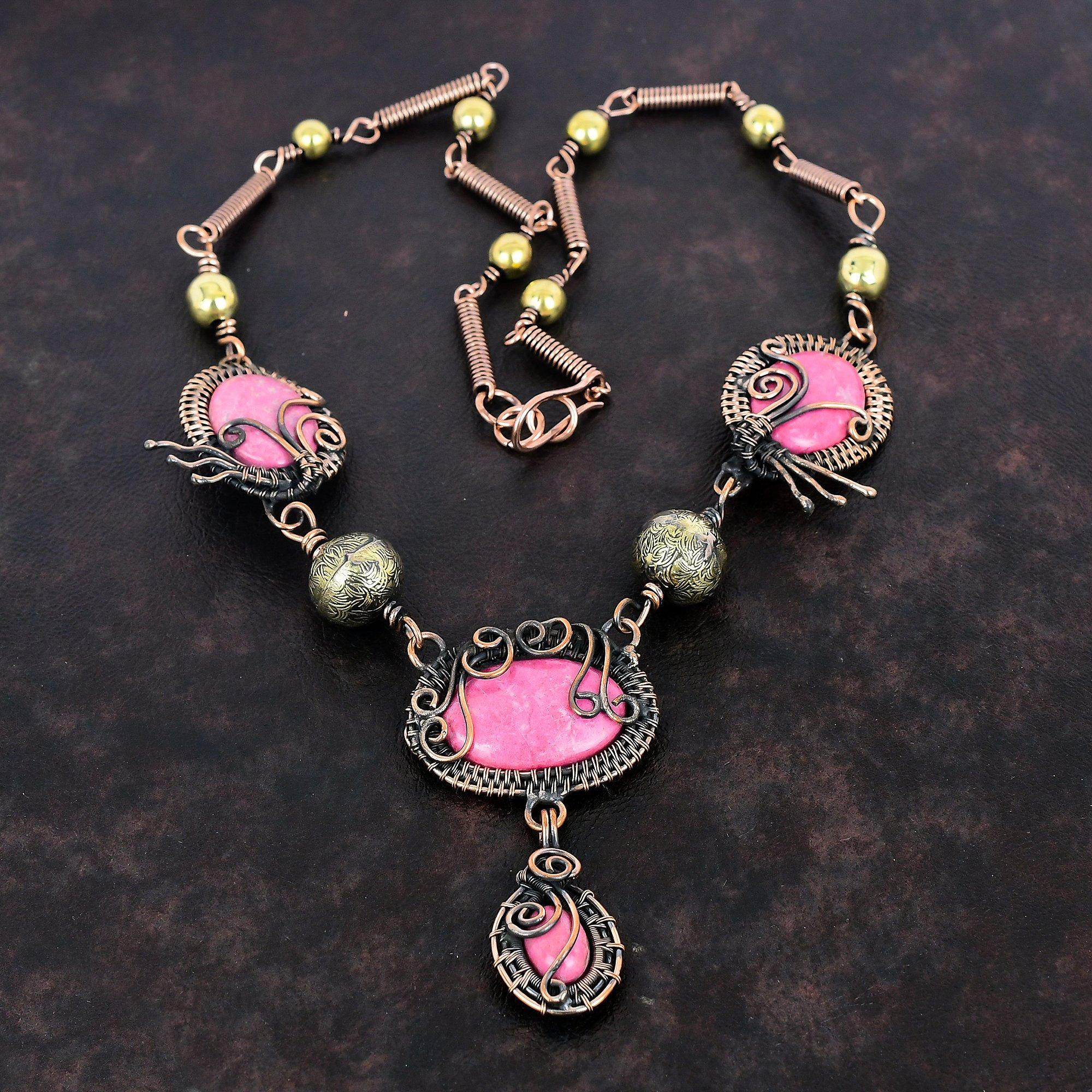 Thulite Gemstone Necklace Copper Wire Wrapped Necklace Handmade Copper Jewelry Adjustable Chain Necklace Wire Wrapped Jewelry Gift For Women