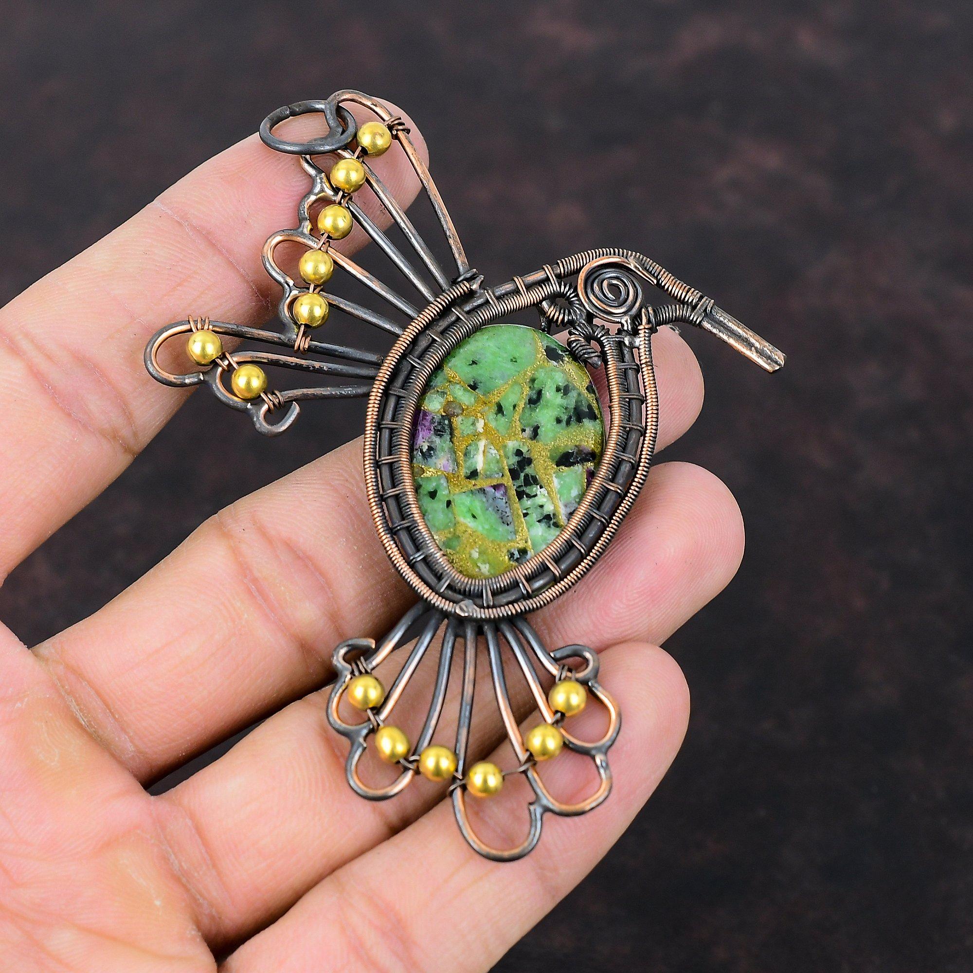 Copper Ruby Zoisite Pendant Copper Wire Wrapped Pendant Ruby Zoisite Jewelry Gemstone Pendant Handmade Bird Pendant Copper Jewelry For Gift