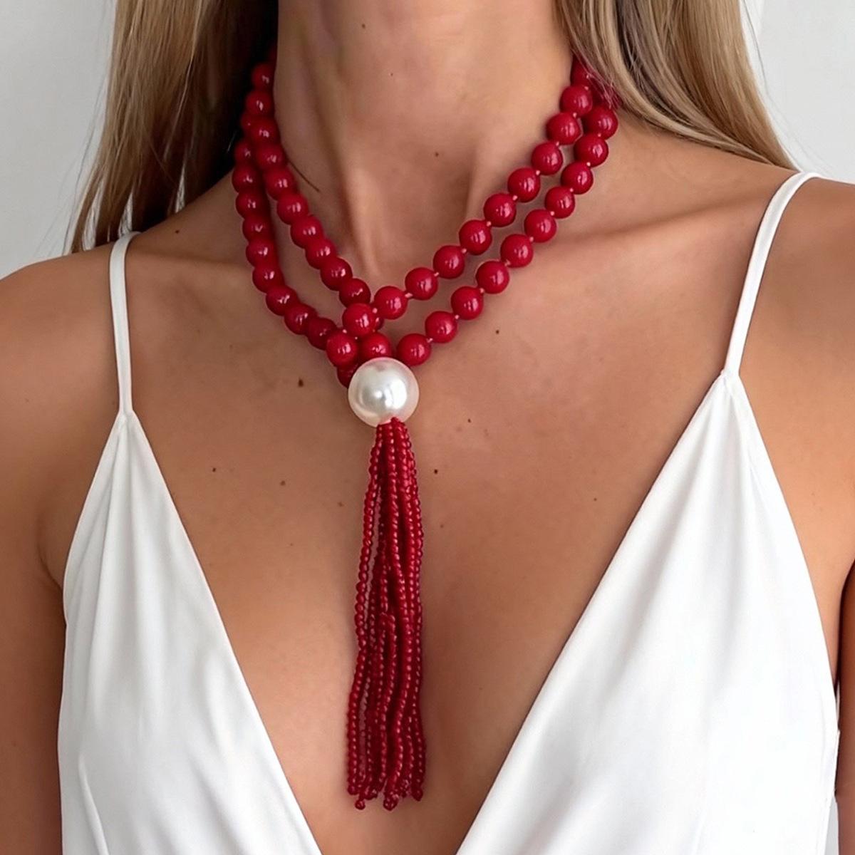 Acrylic Bead Chain Necklace for Women Vintage Tassel Sweater Chain Jewelry Accessory