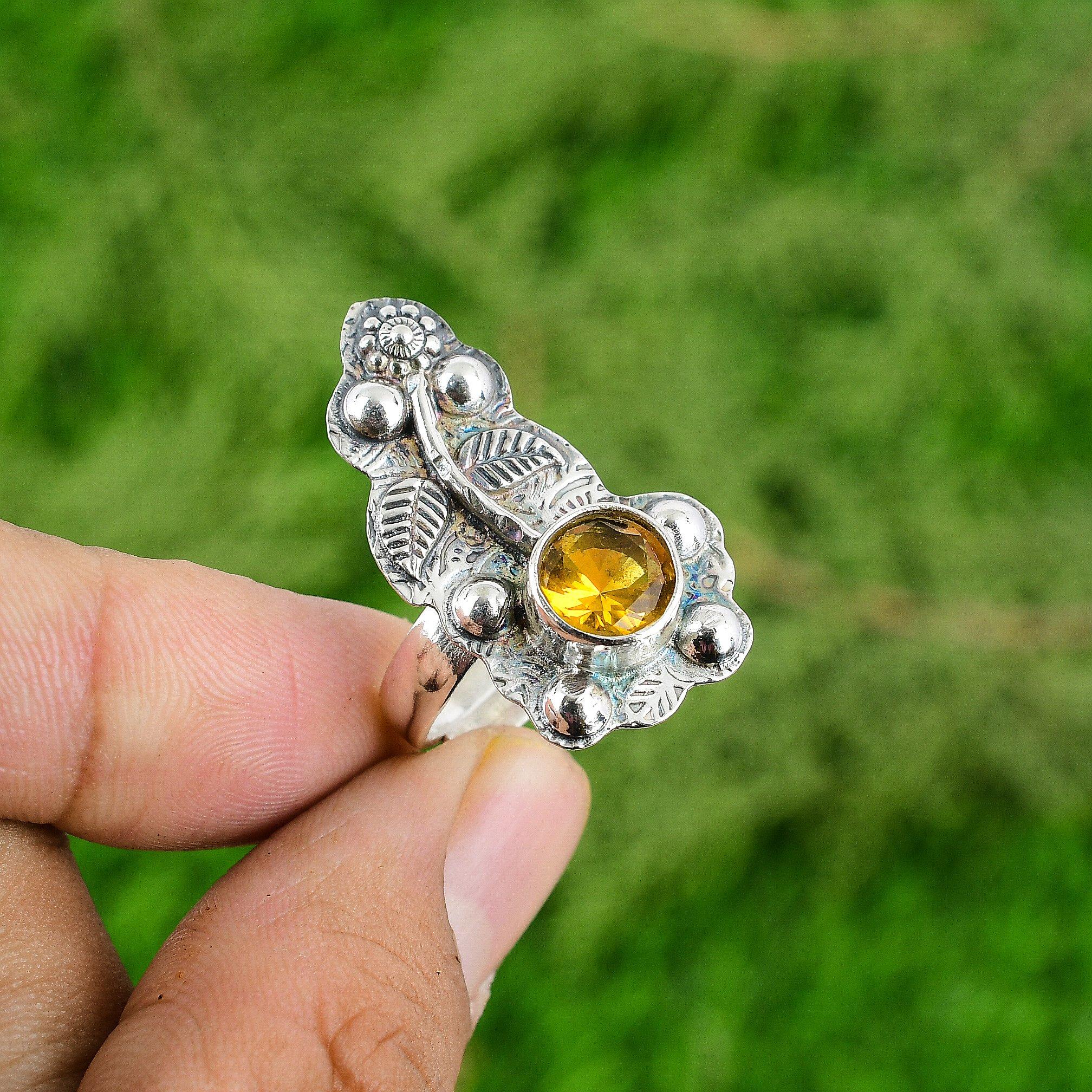 Mothers day Sale Sterling Silver Round Citrine Stone Promise Flower Ring Jewelry