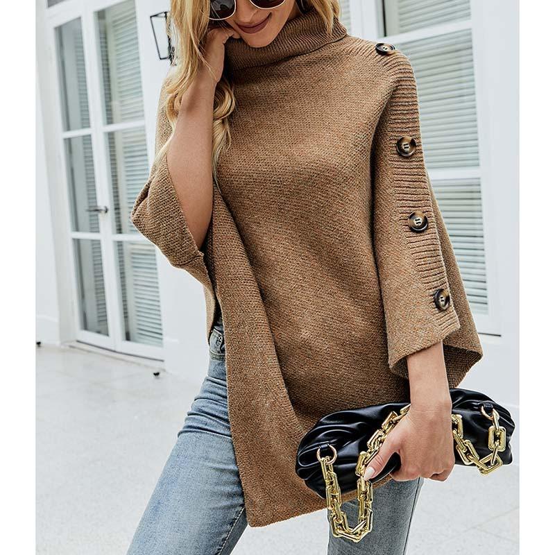 Women's Fall and Winter Shawl Cape Sweater Solid Color Turtleneck Knit Jacket