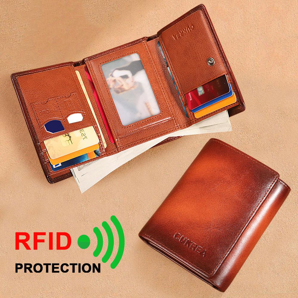 Luxury Men's Top Layer Cowhide Trifold Wallet RFID Blocking Protection ID Window, 8 Ample Card Slots, 2 Deep Cash Pockets, Premium Money Bag
