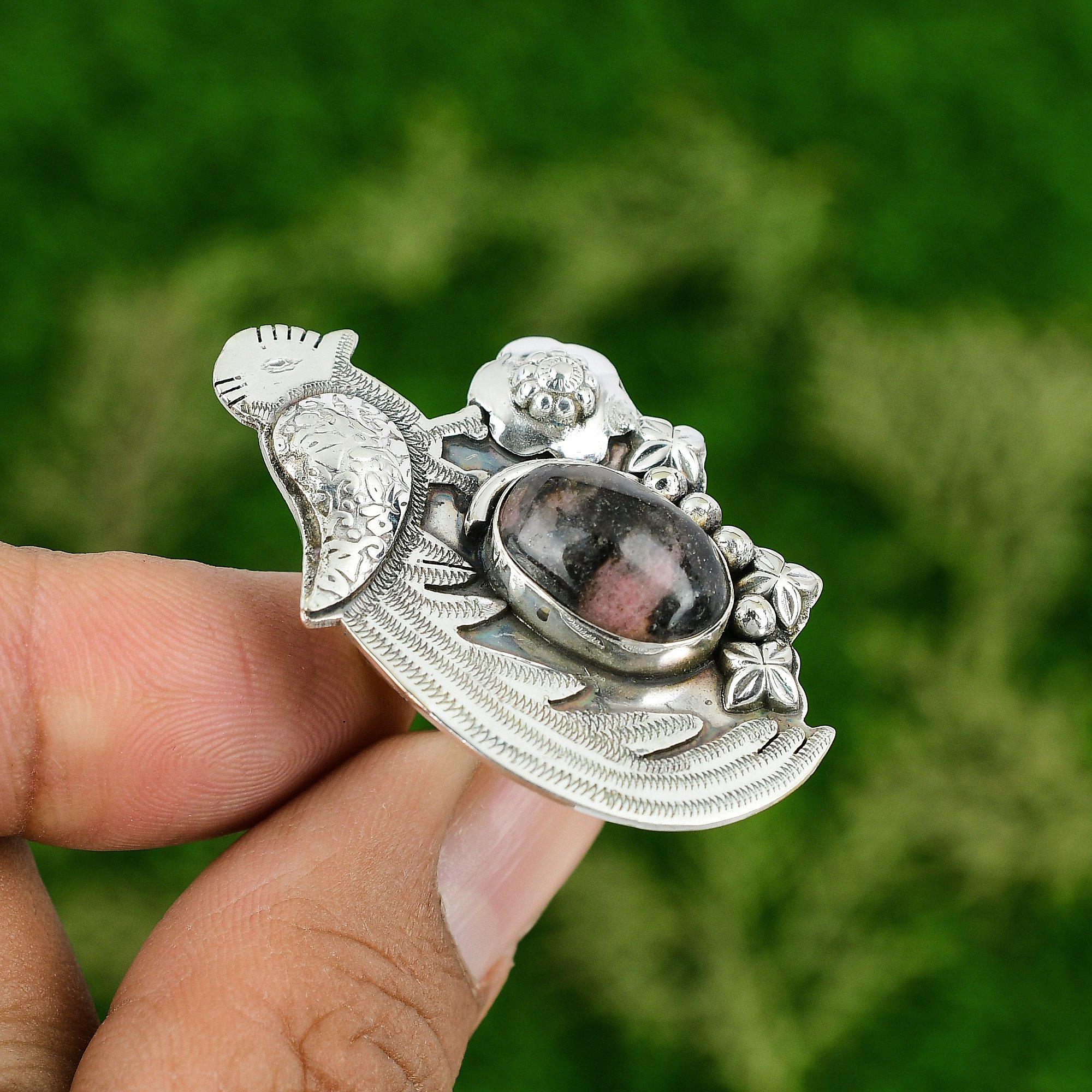 Gift For Her Natural Rhodonite Multi Stone Bird Adjustable Ring 925 Silver