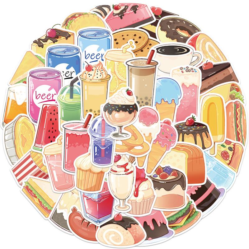 50Pcs Cartoon Designs Hand-painted Gourmet Drink Cups Stickers Waterproof Pvc Laptop Suitcase Refrigerator Skateboard Decoration Stickers