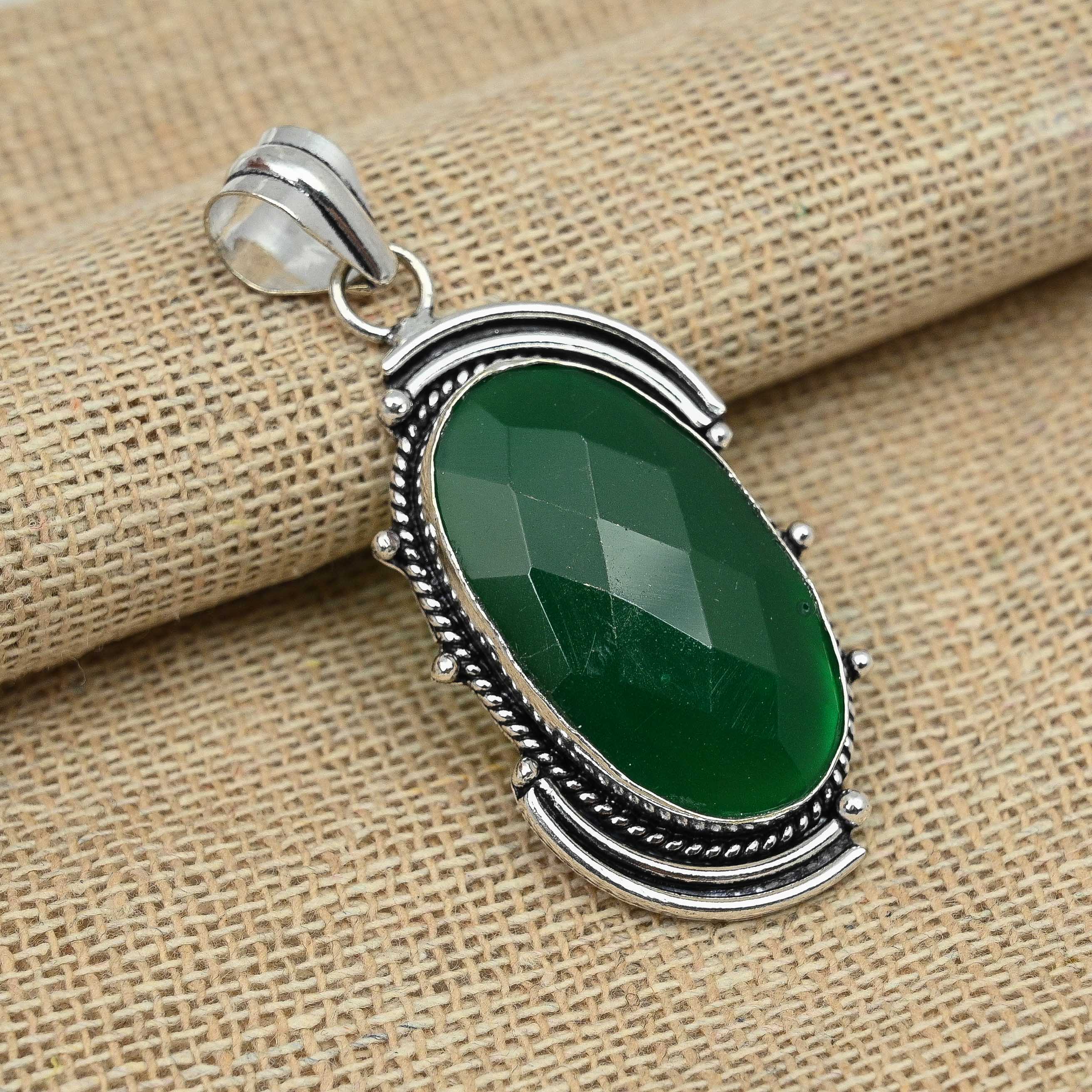 Facettierter grüner Onyx-Edelstein, 925er-Sterlingsilber, handgefertigter Schmuck, wunderschöner Anhänger