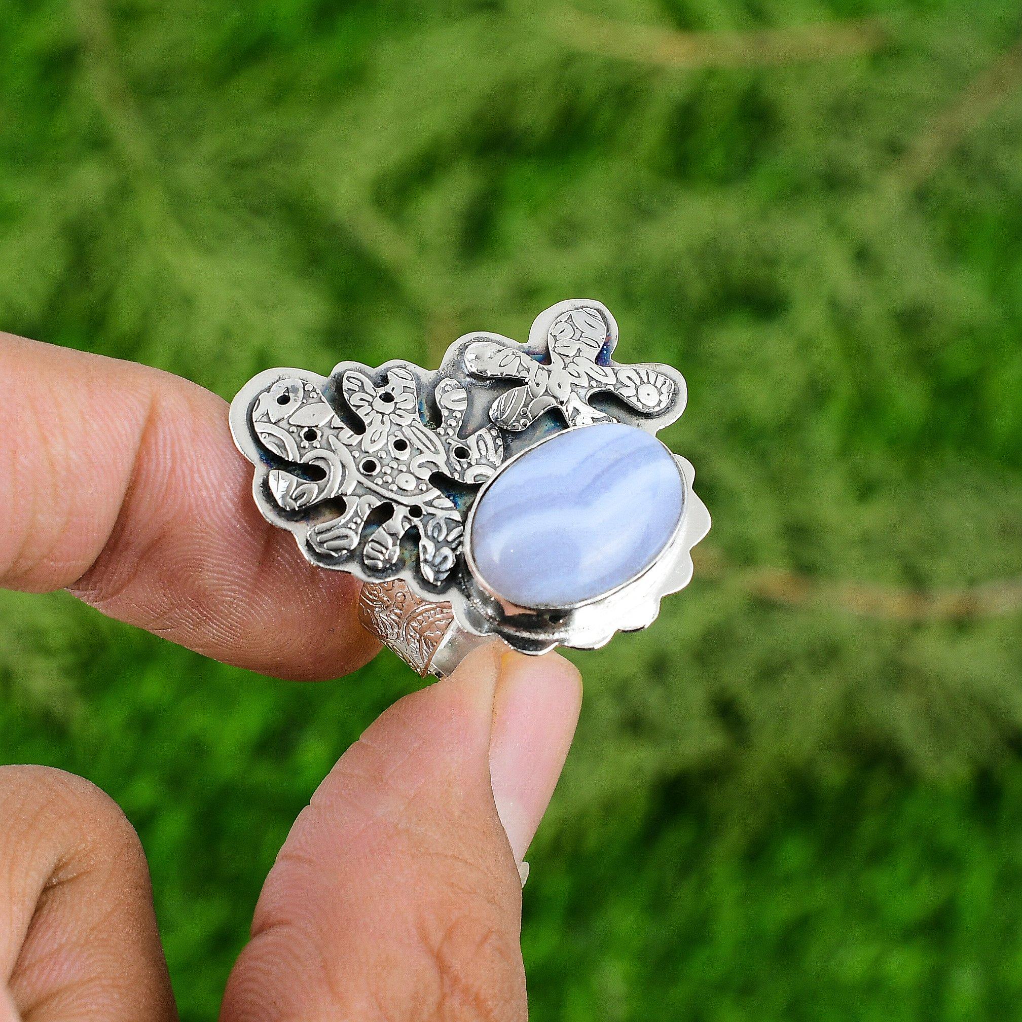 Oval Blue Lace Agate Gemstone Sterling Silver Stackable Bezel New Ring Jewelry
