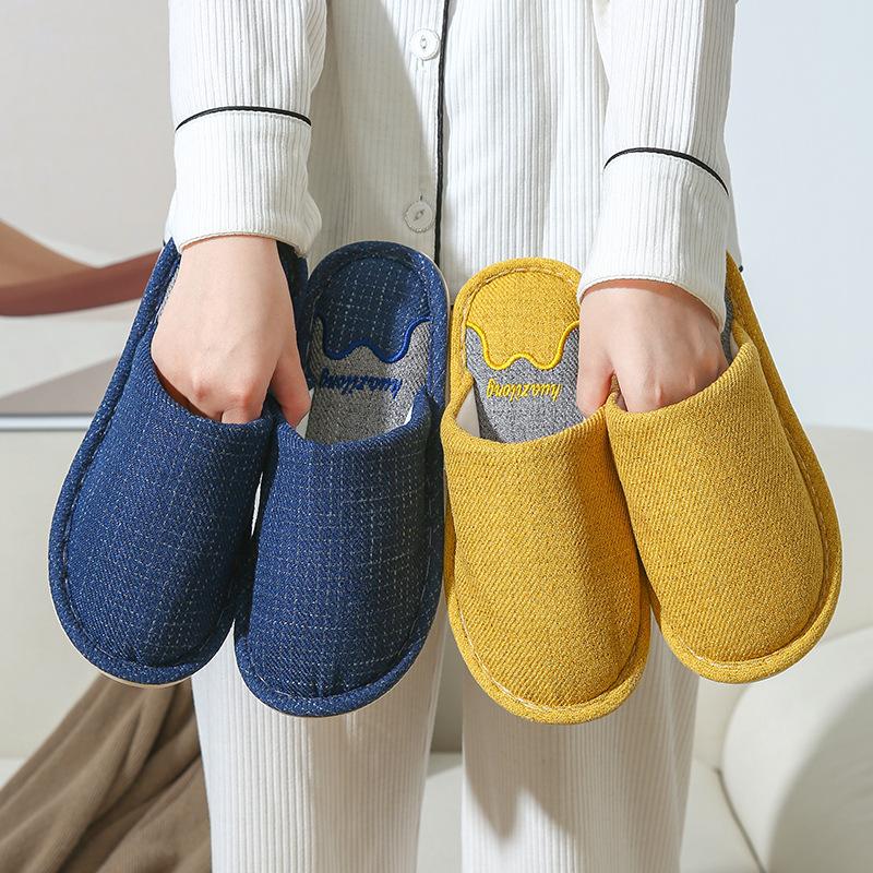 Podzimní a zimní pantofle, Pánské domácí pantofle z bavlny a lnu pohlcující zápach a pot, dámské látkové pantofle s protiskluzovou úpravou
