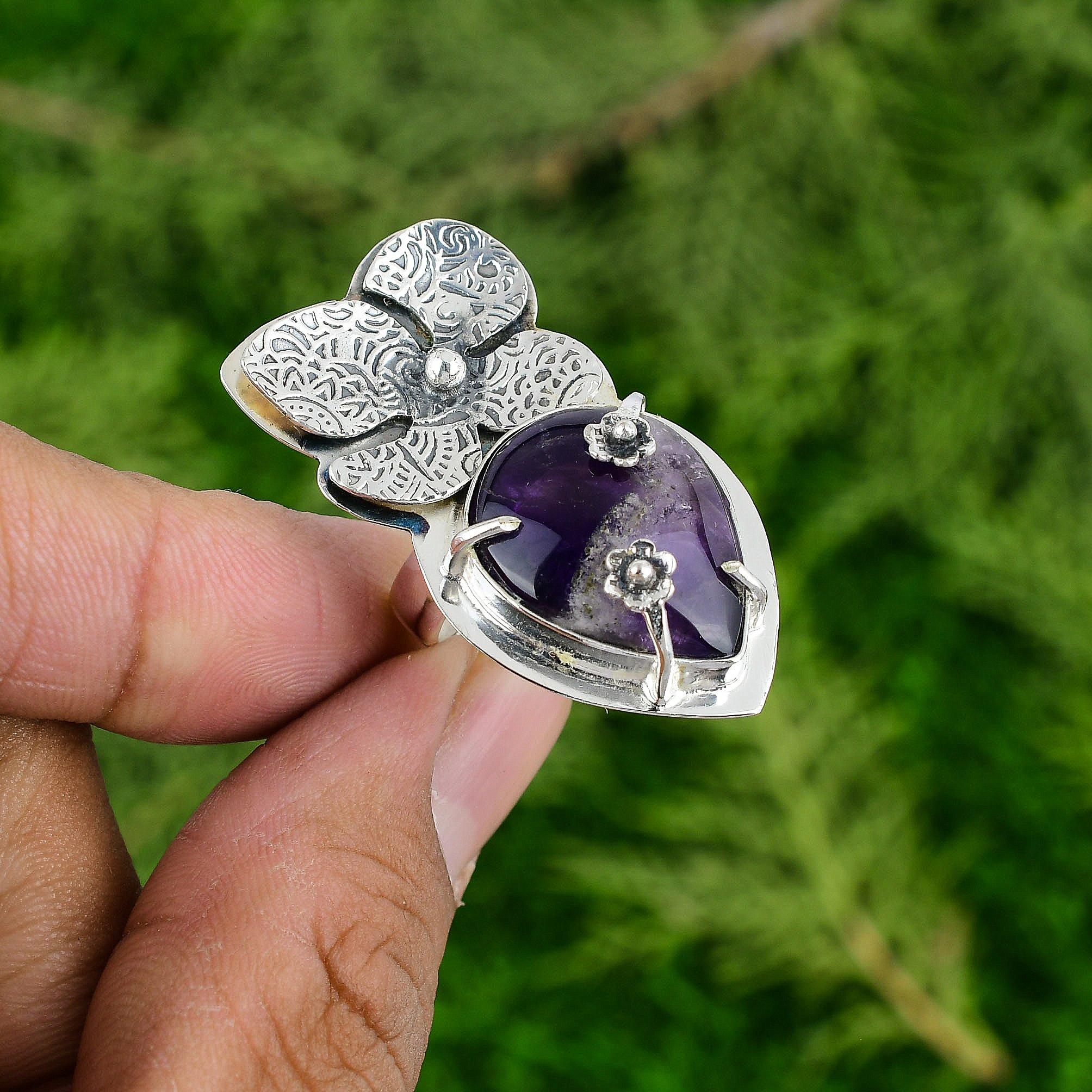 Thanks Giving Day Sale Chevron Amethyst Stone Flower Ring 925 Sterling Silver