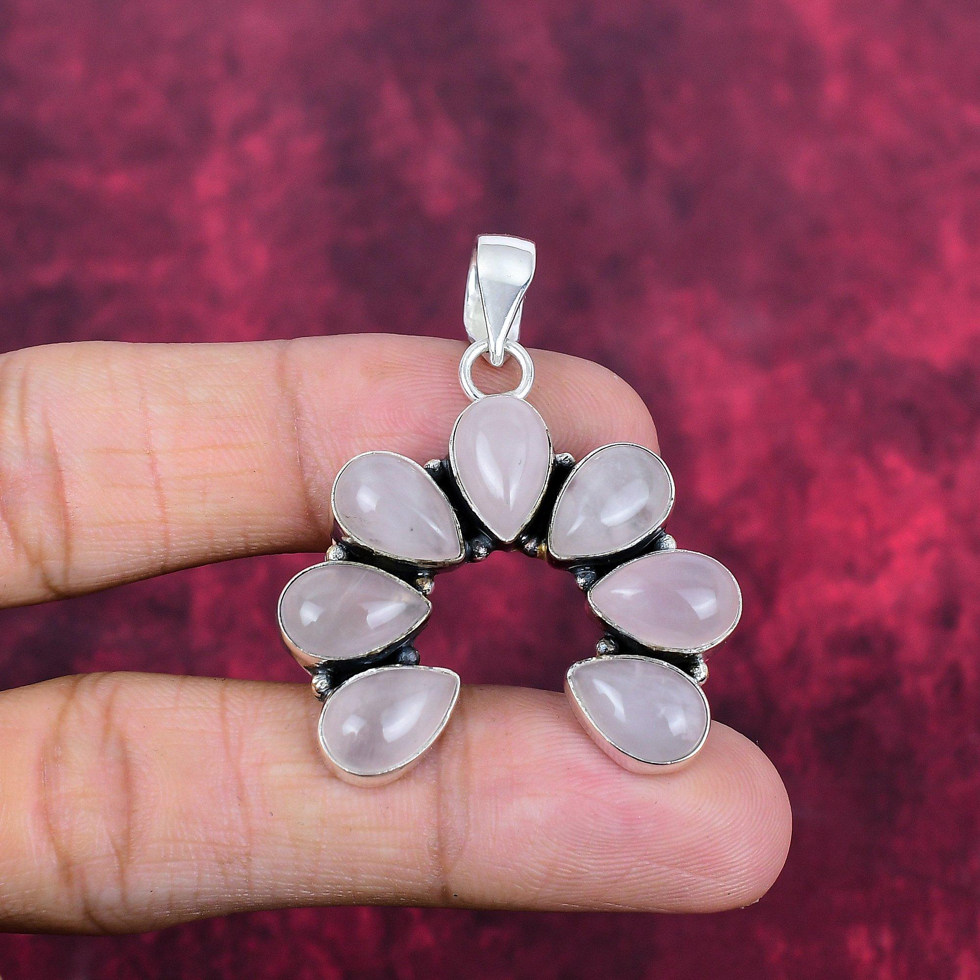 Jóias de quartzo rosa, pingente de prata esterlina sólida 925, joias artesanais com pedras preciosas, presentes para esposa, pingente novo