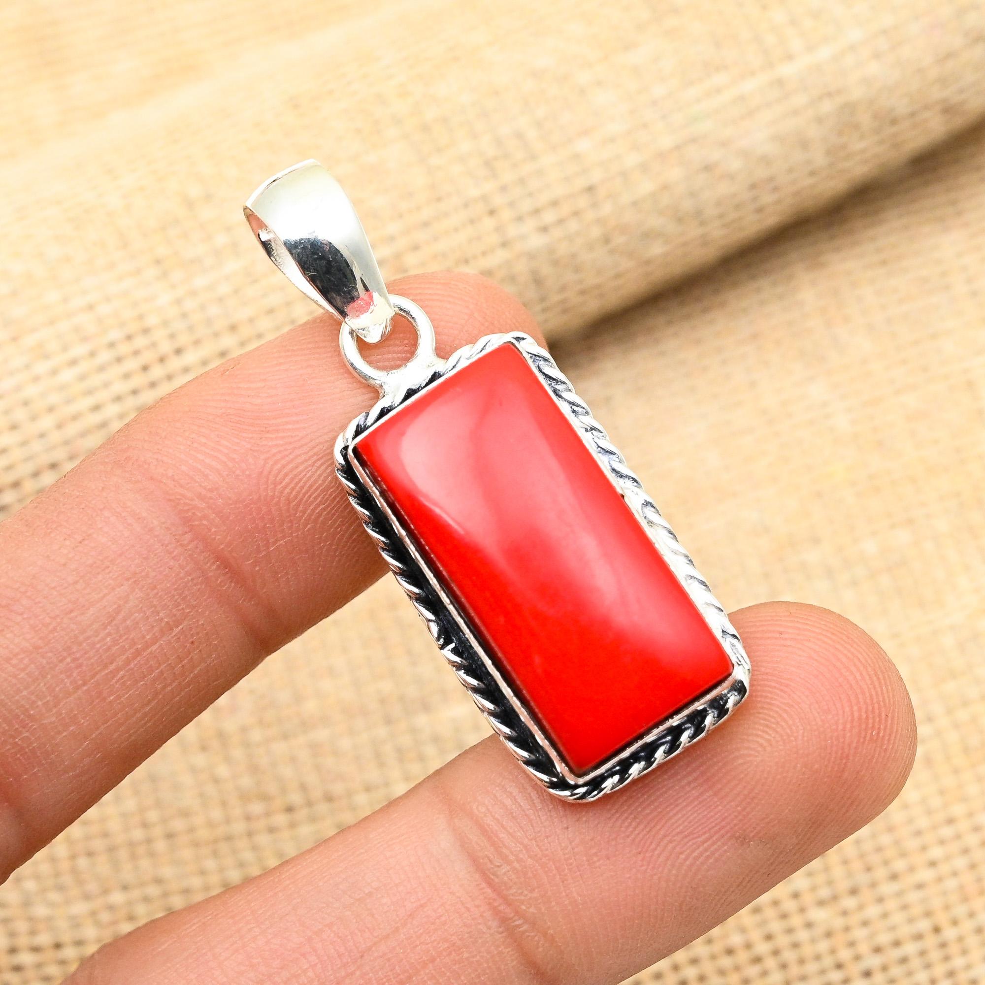 Red Coral Gemstone Handmade 925 Sterling Silver Jewelry Pendant For Women