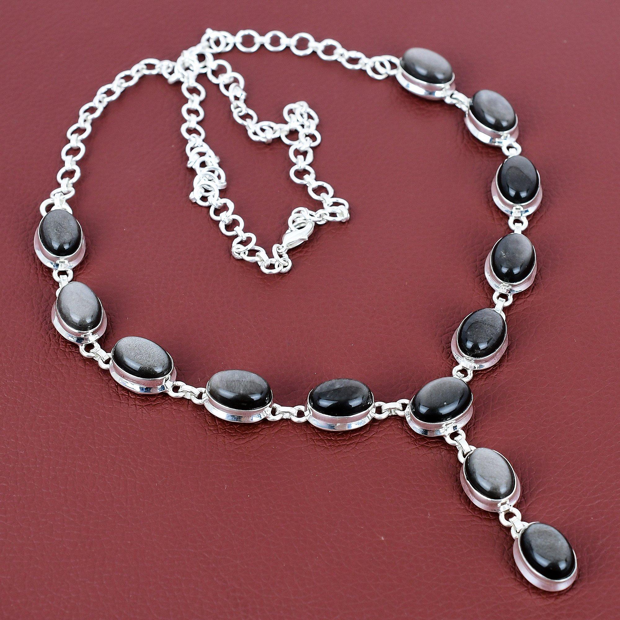 Silver Sheen Obsidian Necklace 925 Sterling Silver Necklace Adjustable Chain Necklace Handmade Gemstone Necklace Gift for Her Unique Jewelry