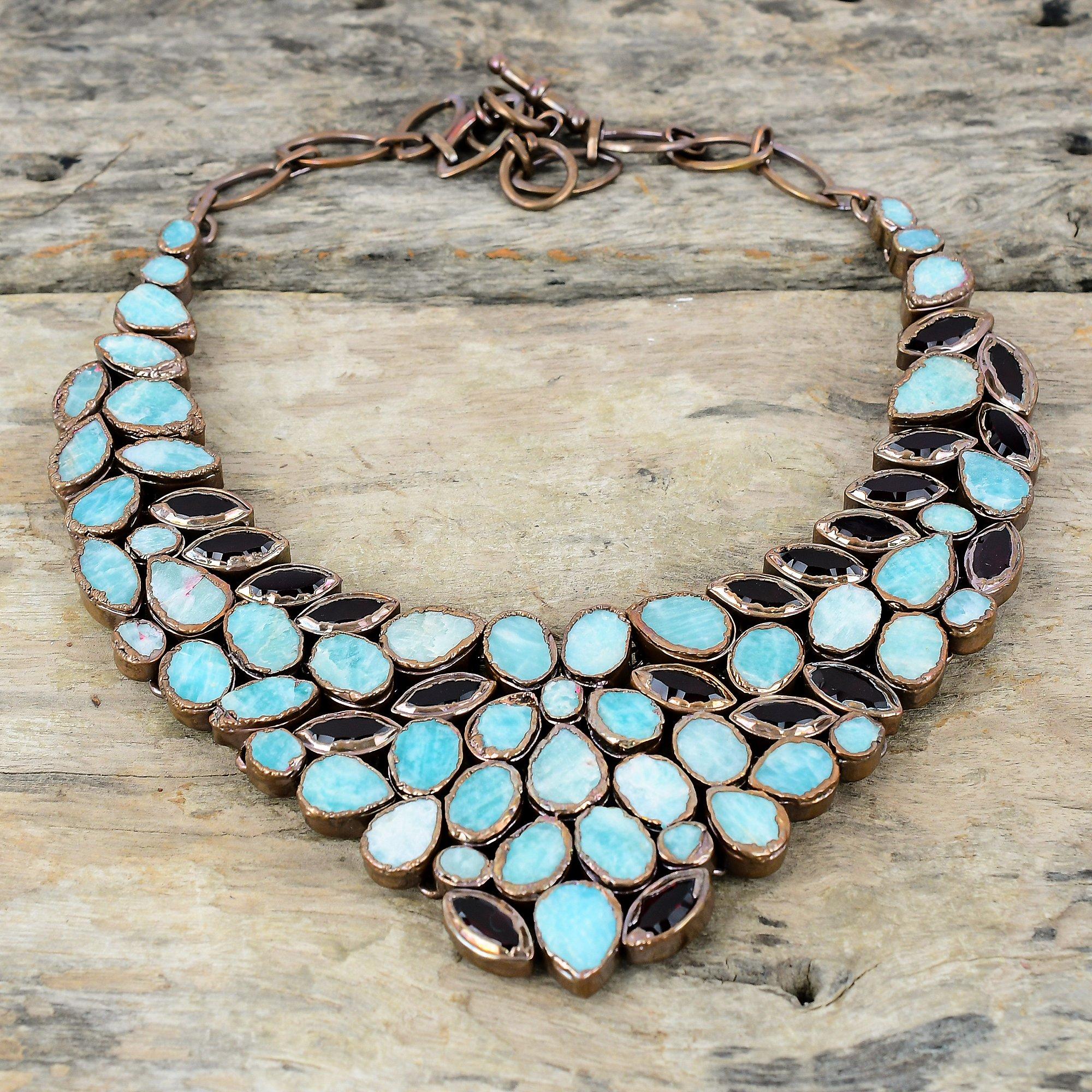 Amazonite Rough Necklace Electroformed Copper Necklace Adjustable Chain Necklace Unique Mozambique Garnet Necklace Handmade Gemstone Jewelry