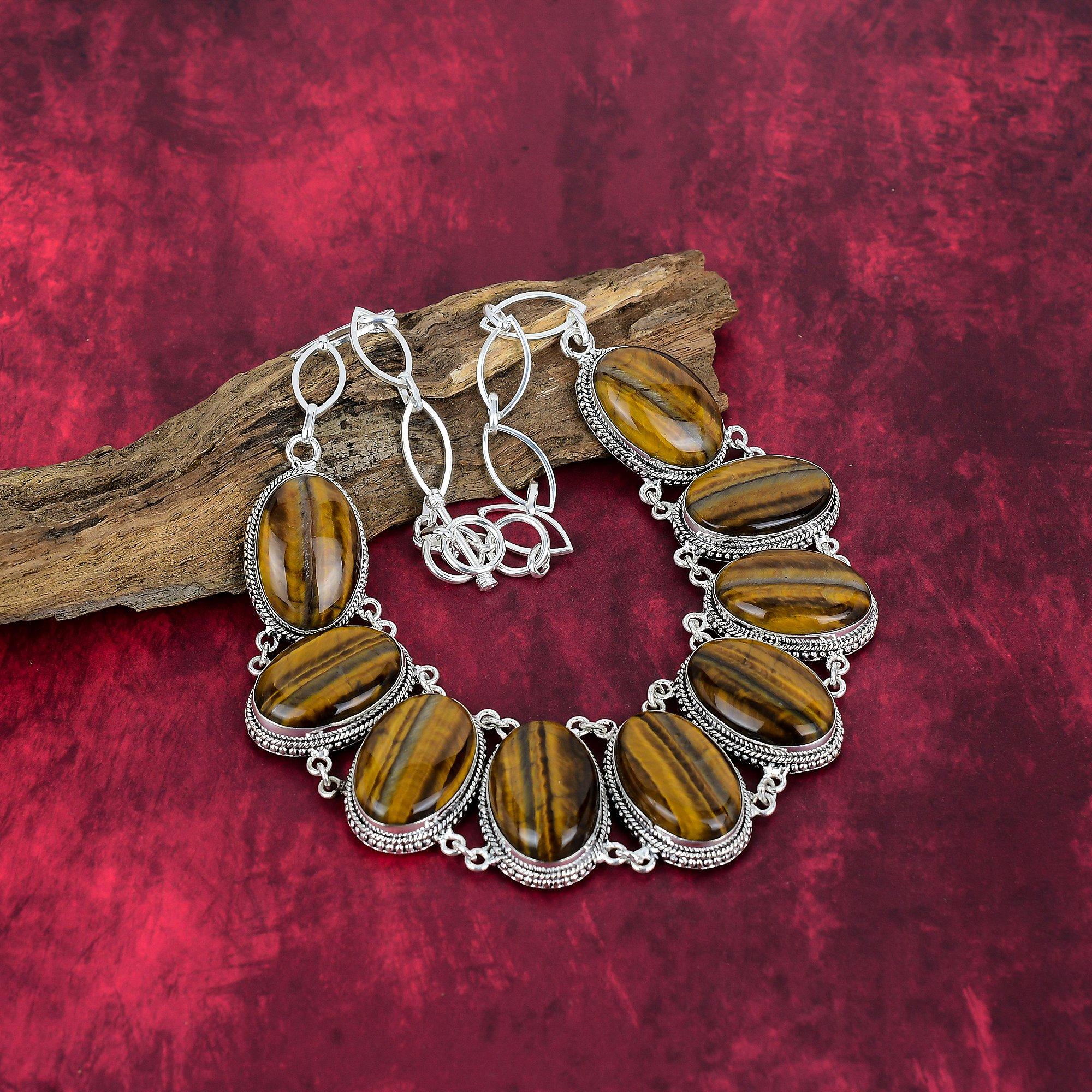 Tigerøye 925 Solid Sterling Sølv Halskjede Justerbart, Kjede Halskjede Håndlaget Edelsten, Gave Til Mamma Antikke Smykker