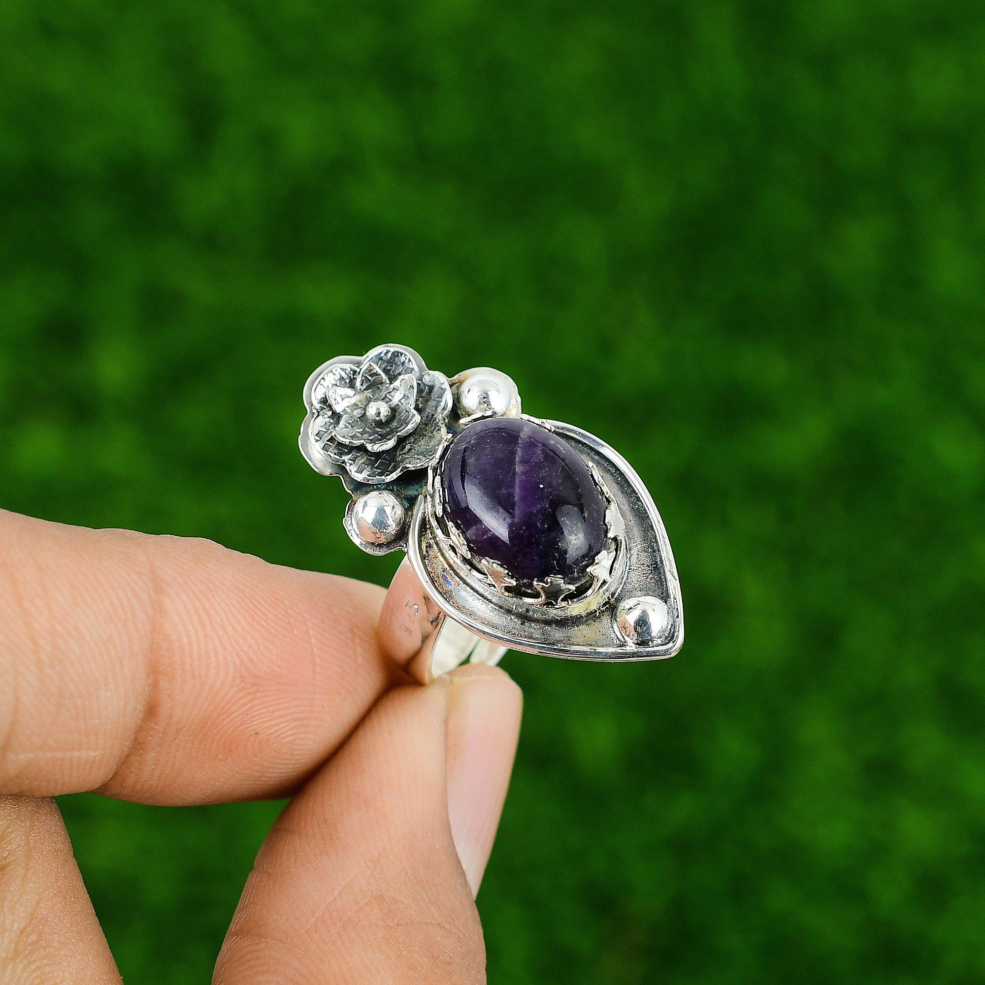 Natural Chevron Amethyst Multi Stone Flower Adjustable Ring 925 Silver For Women