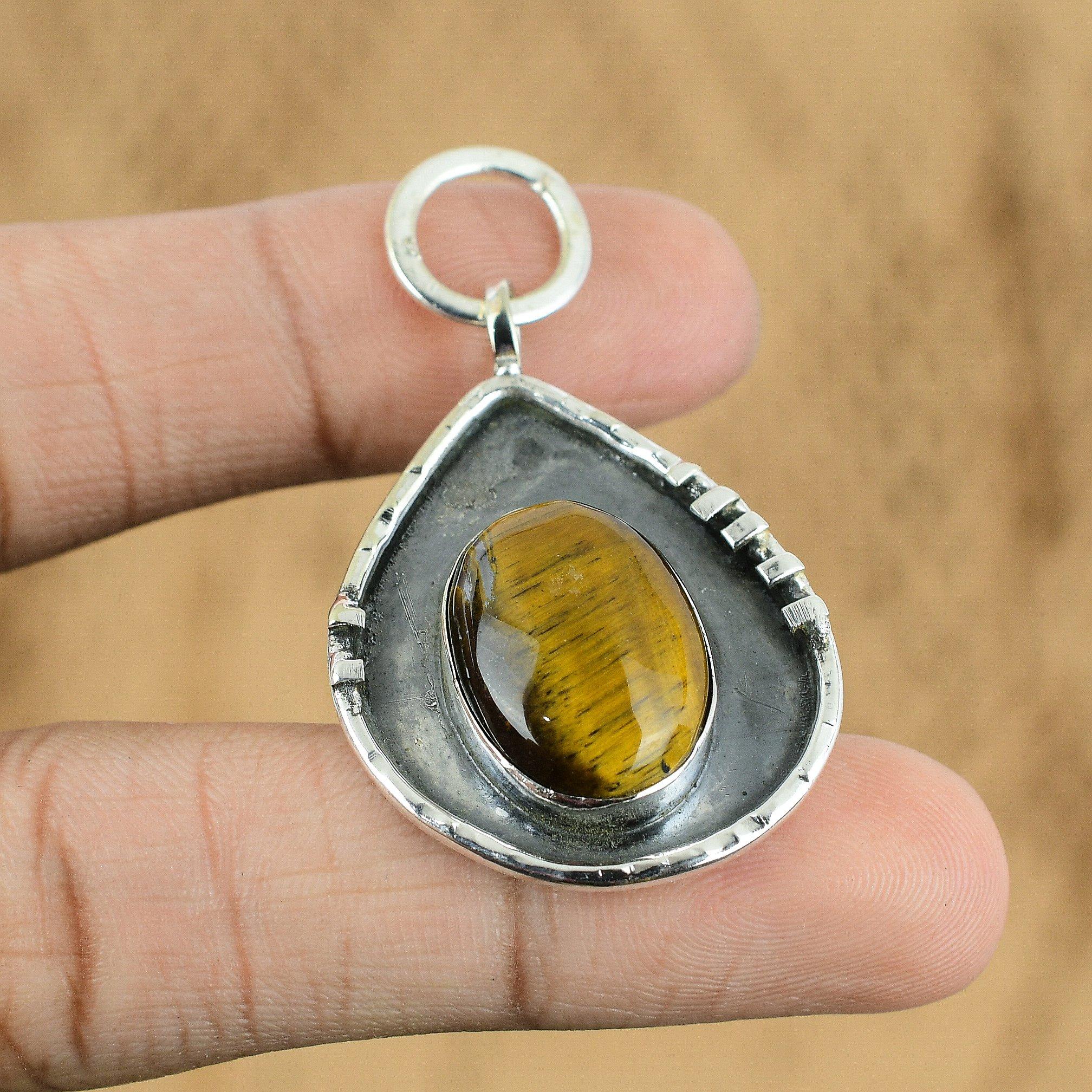 Natural Tiger'S Eye Gemstone Pendant 925 Sterling Silver Jewelry For Girls