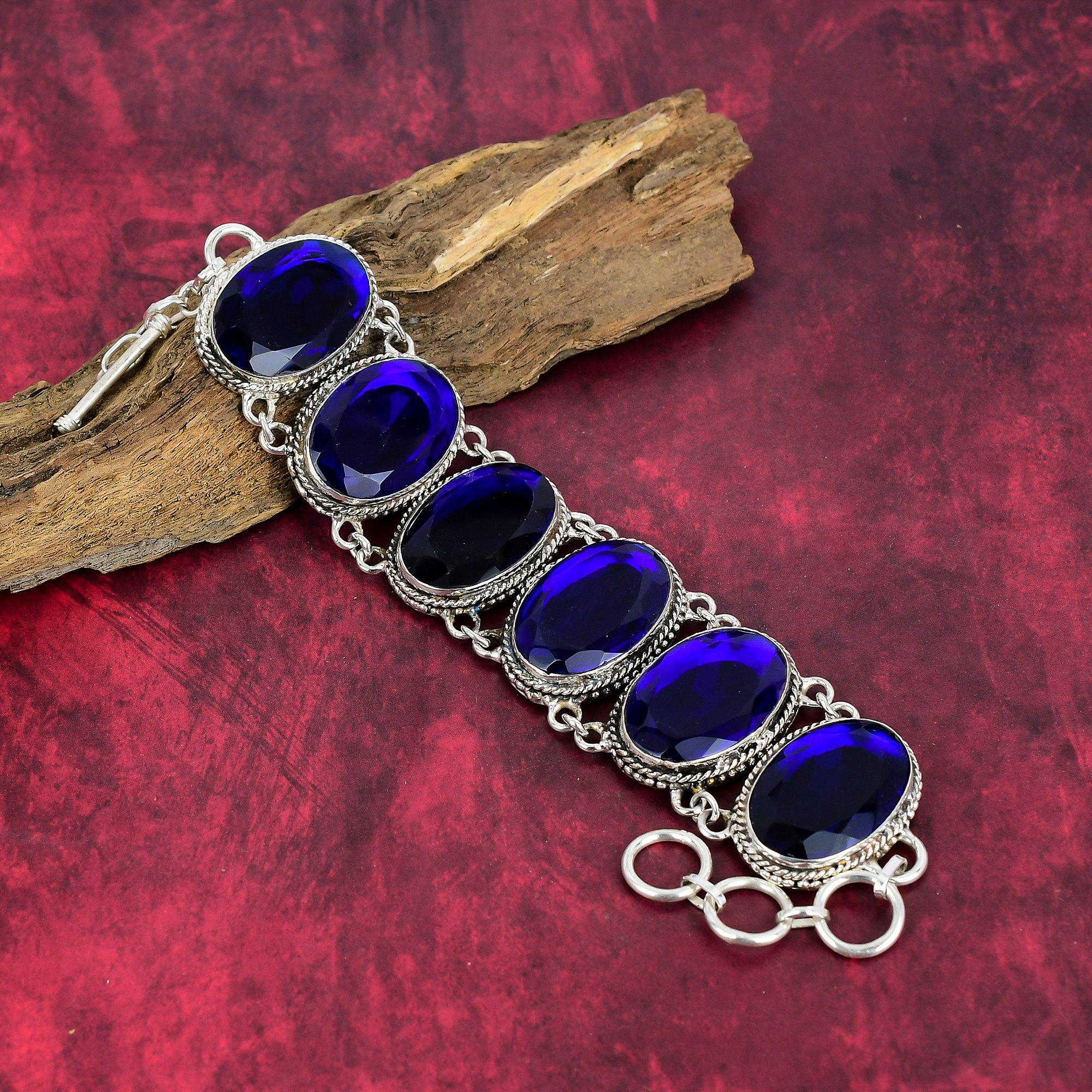 Blue Sapphire Lab-Created 925 Solid Sterling Silver Jewelry Bracelet, Beauteous Gemstone Jewelry, Handmade Sapphire Bracelet For Women