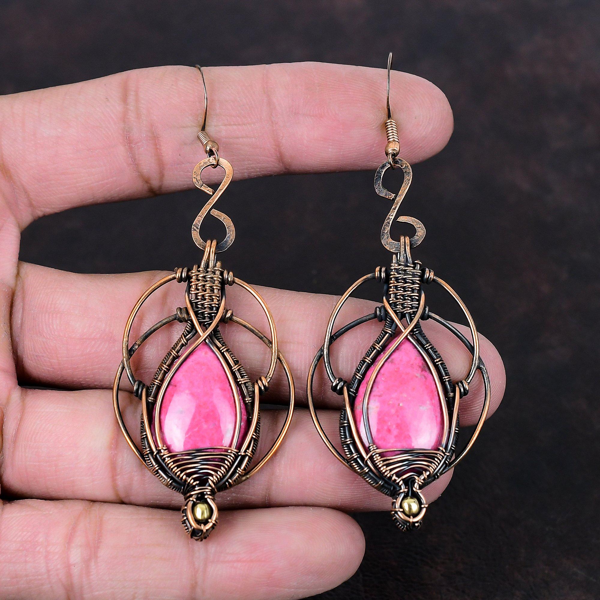 Cercei Thulite înfășurați din sârmă de cupru, cercei eleganți, bijuterii din cupru, lucrați manual cu pietre prețioase autentice, bijuterii înfășurate din sârmă pentru cadou