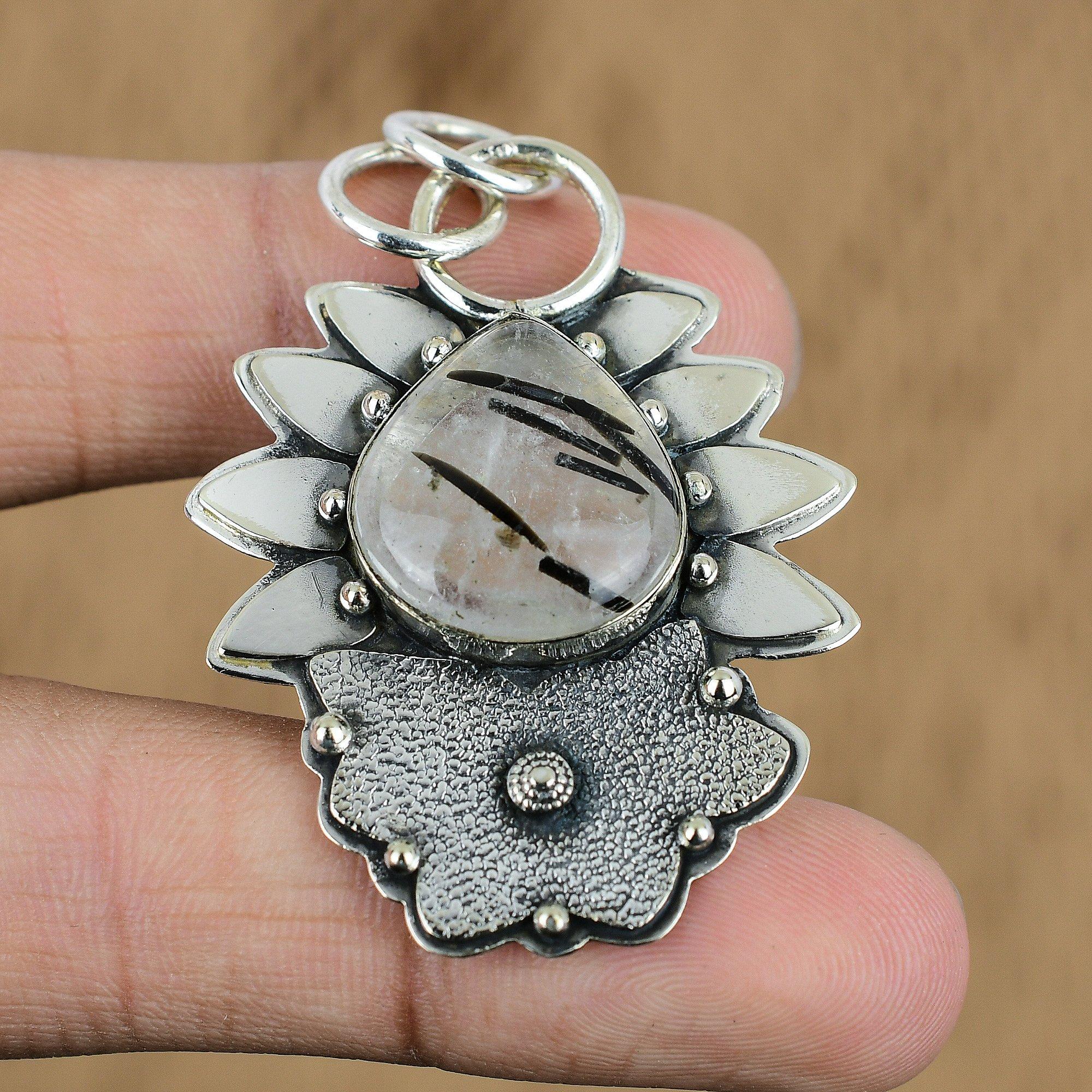 Wedding Gift For Her 925 Sterling Silver Natural Black Rutile Gemstone Pendant