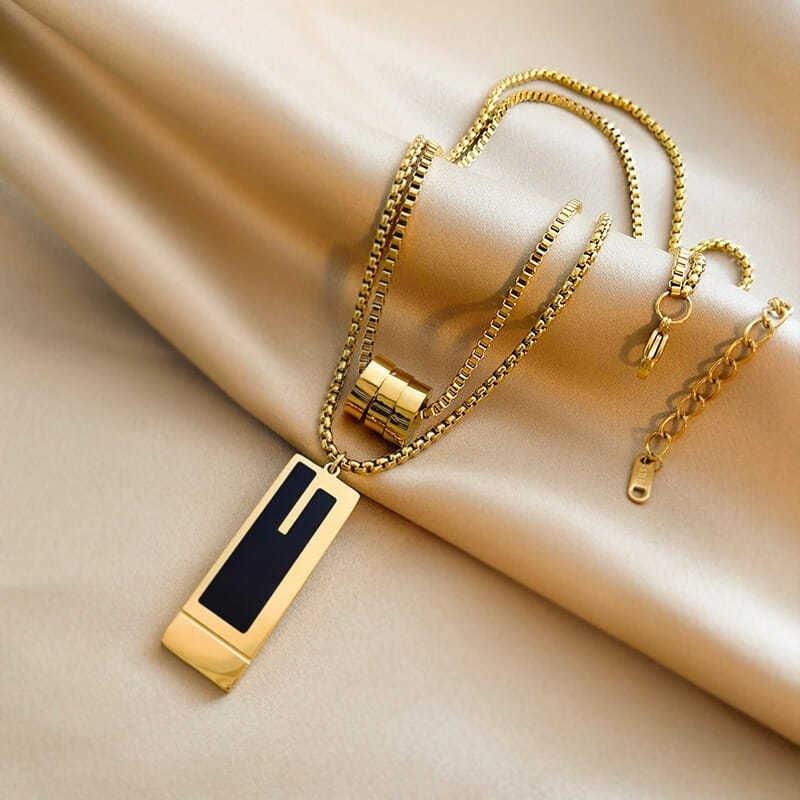 Double-Layer Square Pendant Necklace for Women Vintage Sweater Chain Jewelry