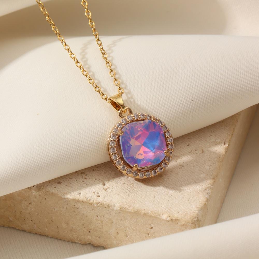 1 Piece Trendy Colorful Round Zircon Pendant Necklaces for Women Gold Color Stainless Steel Necklace Jewelry Party Accessories