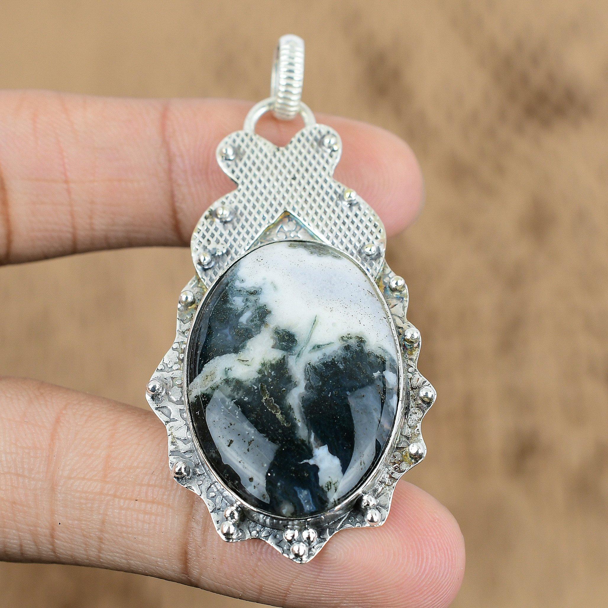 Natural Moss Agate Gemstone Pendant Handmade 925 Sterling Silver Indian Jewelry