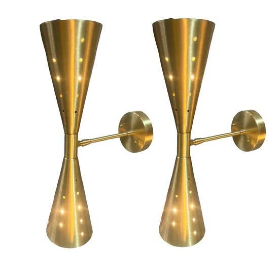 Pair of Golden Mid-Century Modern Brass Wall Sconces Atomic Bow Tie Dual Cone Vanity Lighting Fixture for Home Decor bedroom, office, kitchen