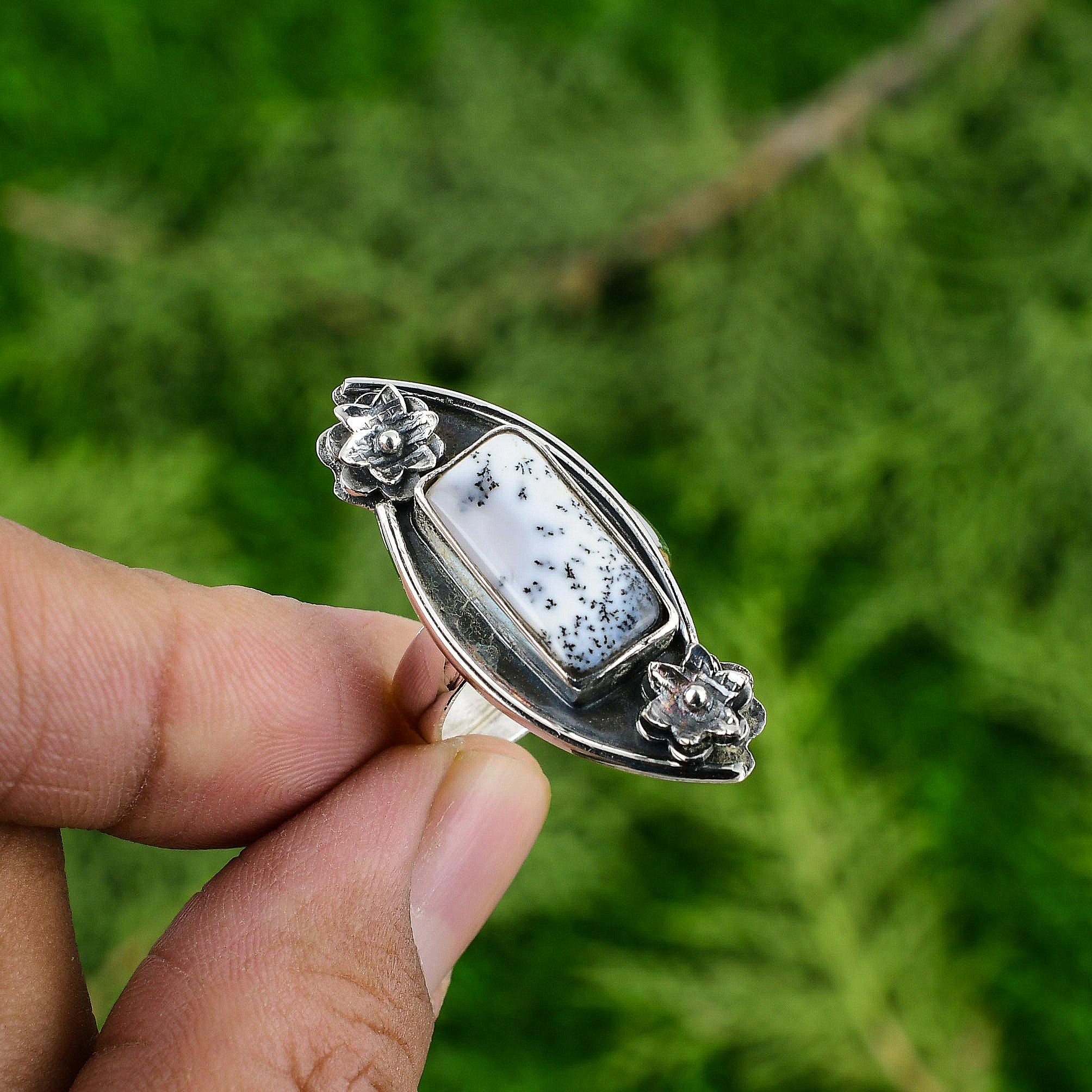 Easter Sale Natural Dendrite Opal Sister Statement Bezel Flower Ring 925 Silver