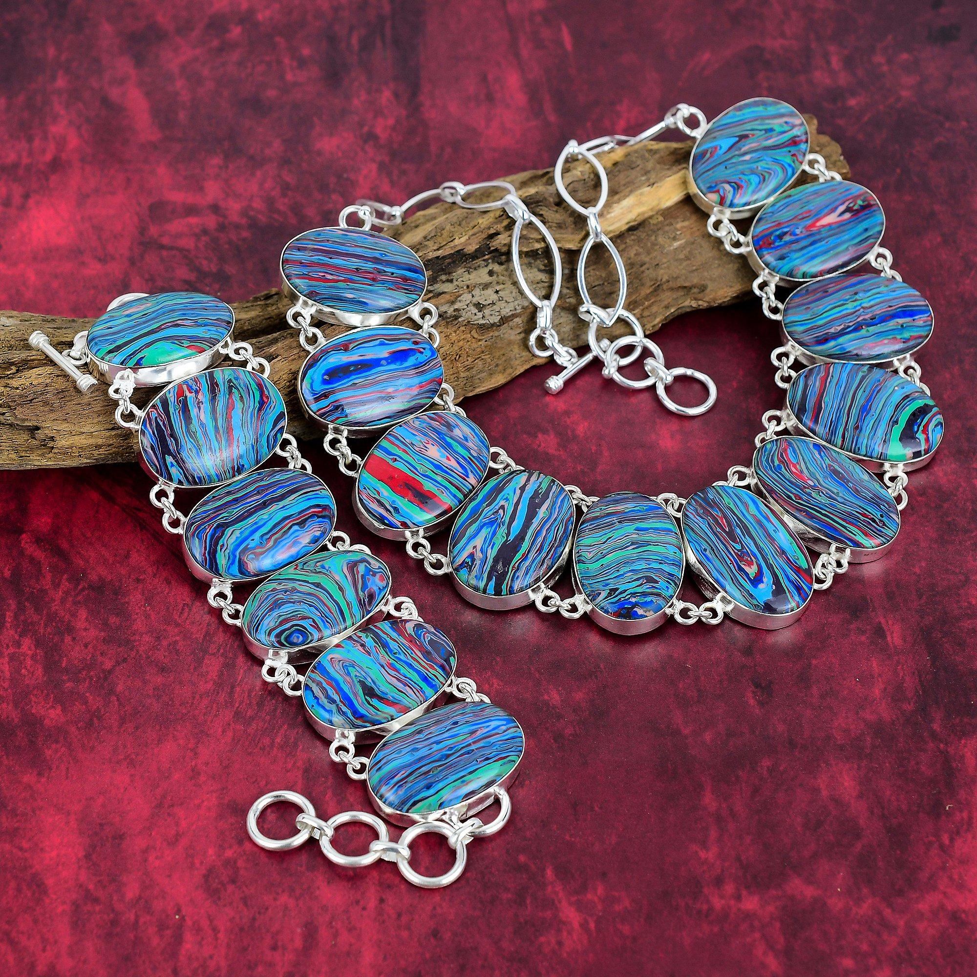 Rainbow Calsilica Necklace & Bracelet Jewelry Set, 925 Solid Sterling Sliver Jewelry, Handmade Amazing Jewelry Gift For Her, Gemstone Jewelry