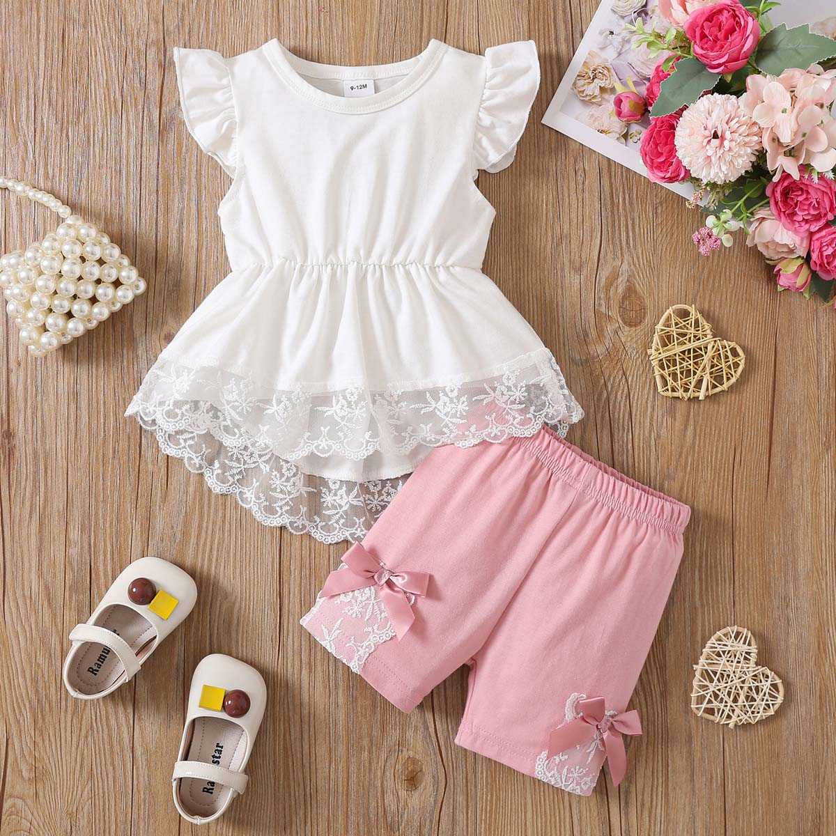 Baby Mädchen Bekleidungsset 0-2 Jahre Kurzarm Oberteile und Shorts Kleinkind Mädchen Spitze Patchwork Outfit Frühling Sommer Tägliche Kleidung für 0-24M