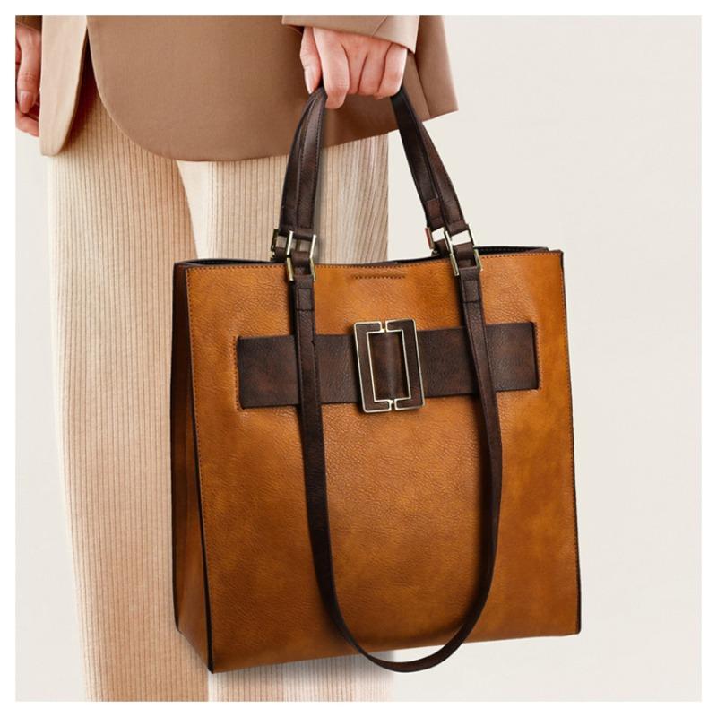 European and American Retro Women's Handbag 2024 Summer New Contrasting Color Vertical Square Tote Bag PU High End Commuter Office Worker Shoulder Bag