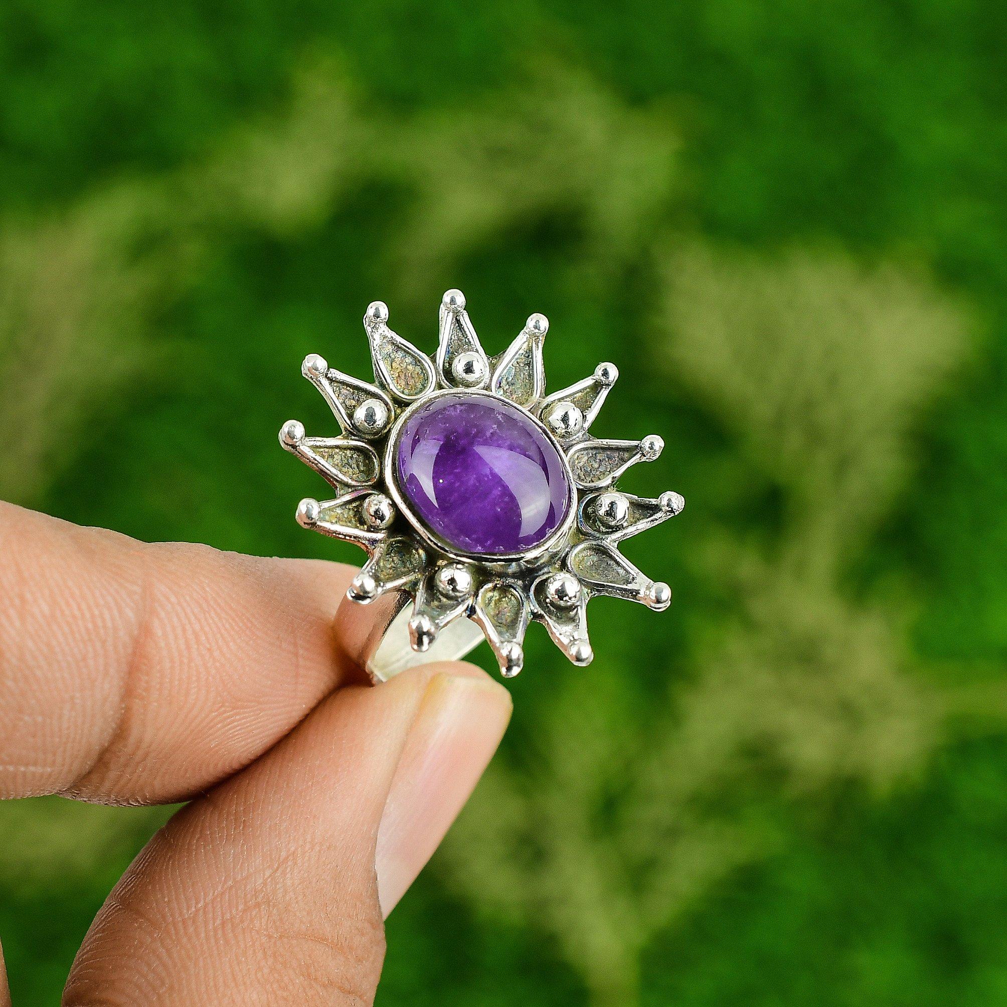925 Silver Natural African Amethyst Flower Statement Crown Chakra Ring Jewelry