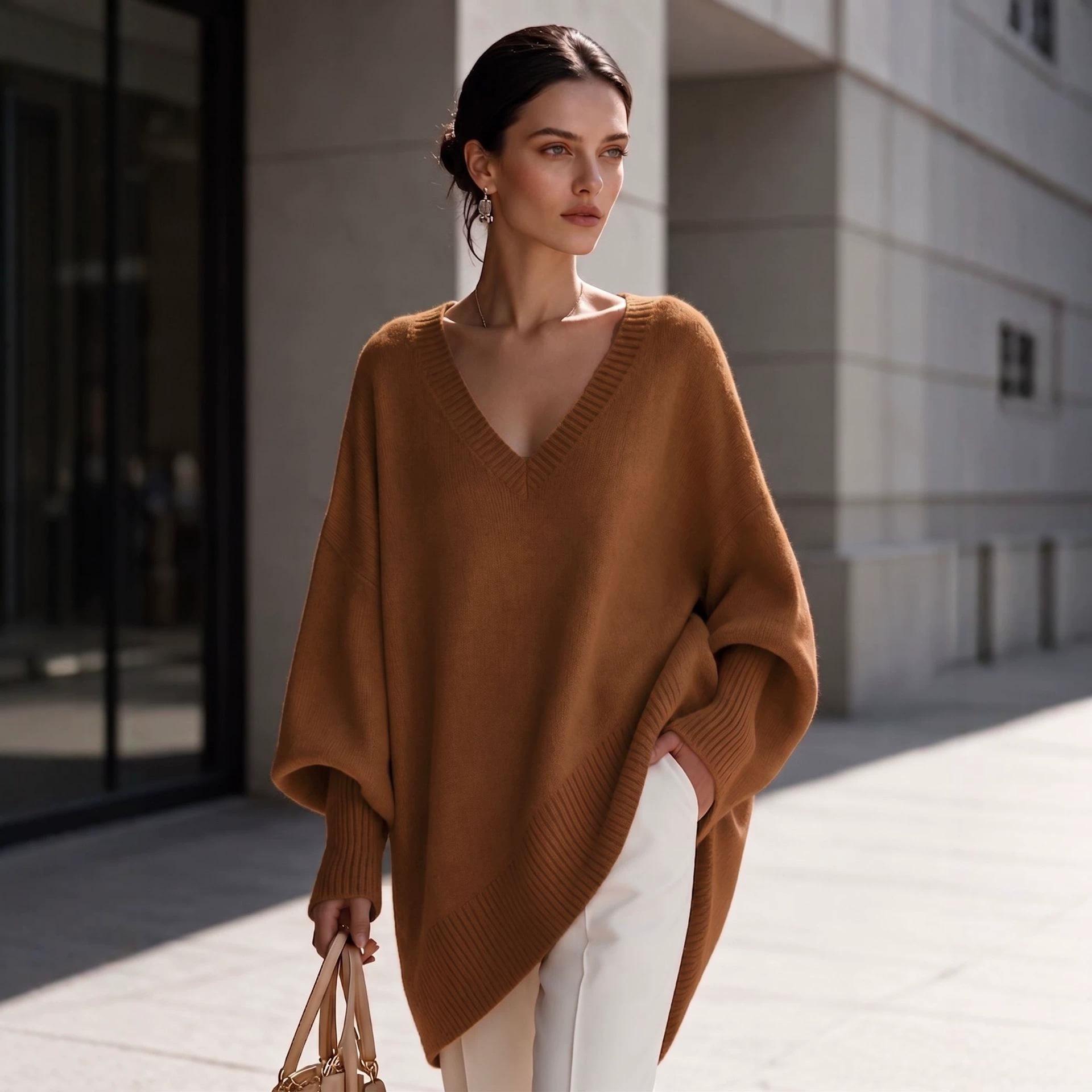 Women V Neck Loose Sweater Mid Length Long Sleeve Cozy Knit Top Fall Winter
