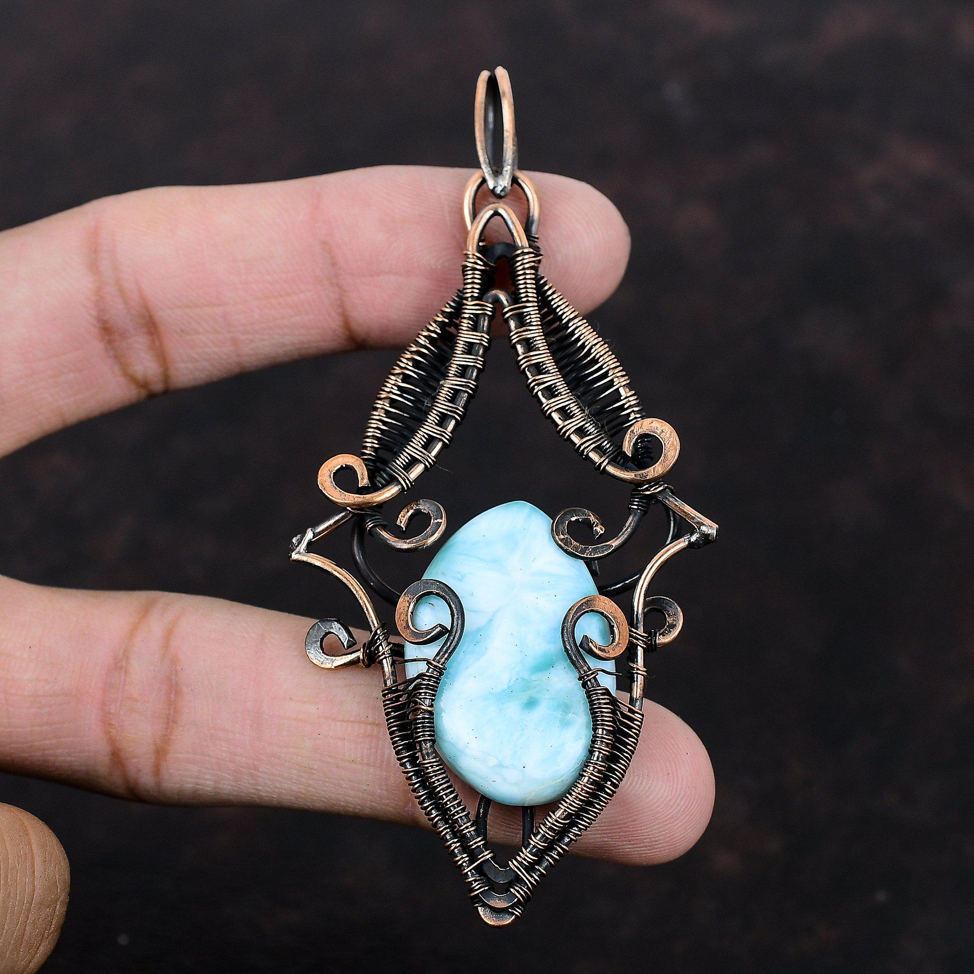 Larimar Pendant Copper Wire Wrapped Pendant Handmade Jewelry Stylish Pendant Copper Jewelry Gemstone Pendant Gift For Him Wire Wrap Jewelry