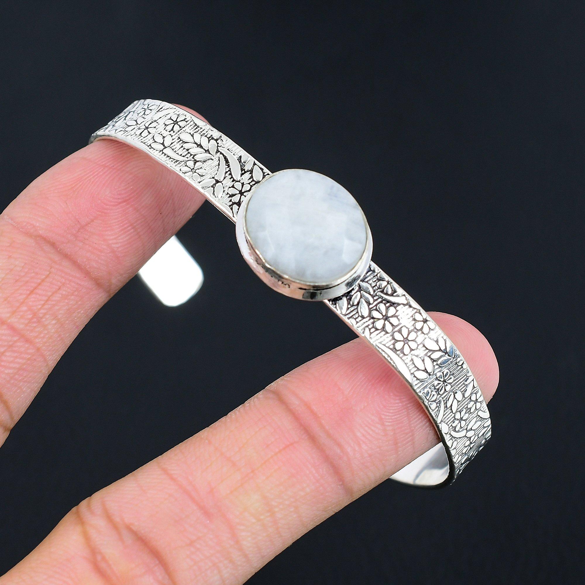 925 Silver Oval Natural Rainbow Moonstone Handmade Birthday Boho Bangle Bracelet