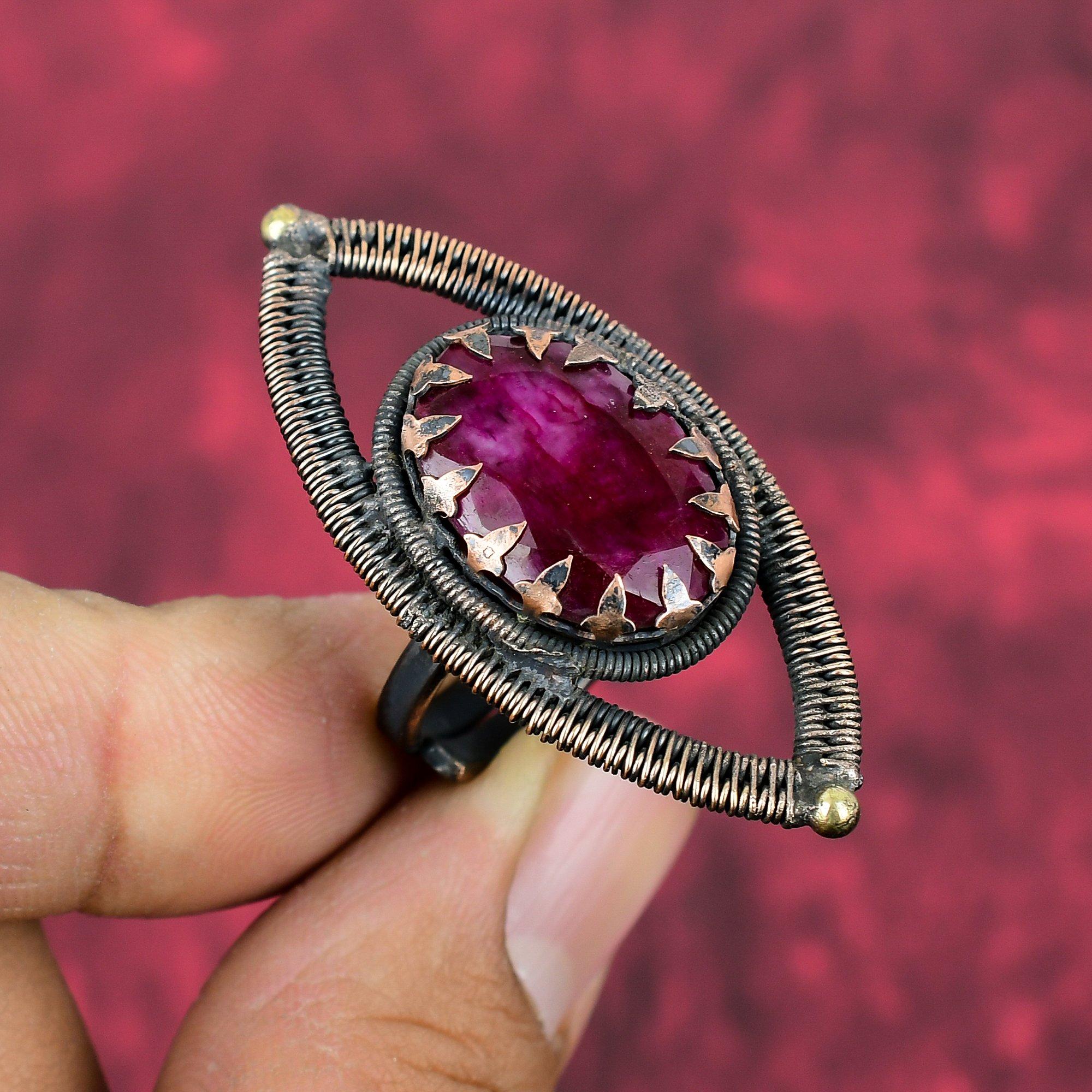 Faceted Kashmir Ruby Ring Copper Wire Wrapped Ring Handmade Jewelry Adjustable Ring Gemstone Copper Jewelry Engagement Gifts Statement Rings